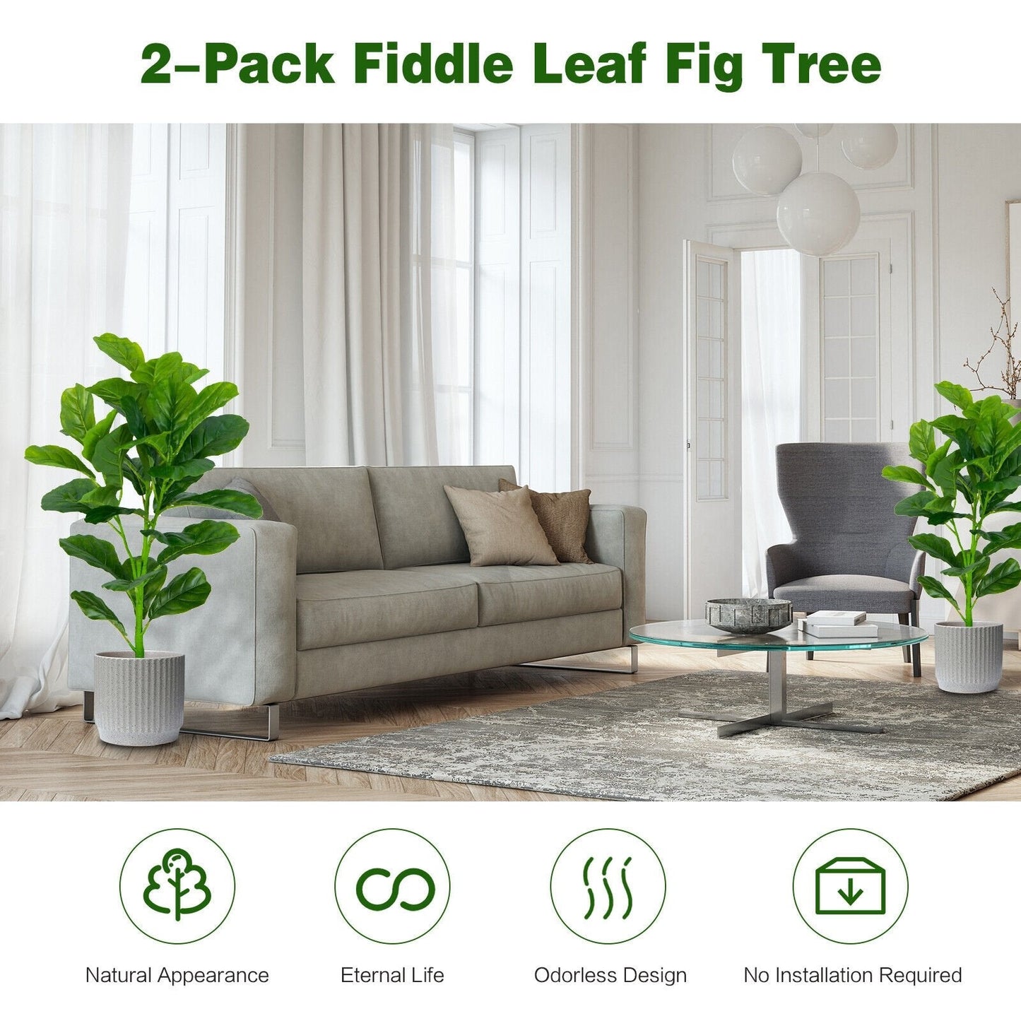 2-Pack Artificial Fiddle Leaf Fig Tree, Green Faux Plants   at Gallery Canada