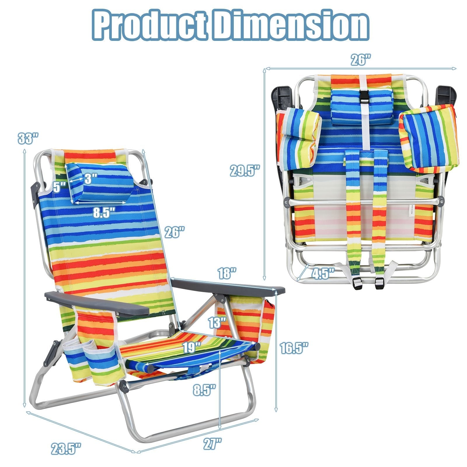 2-Pack Folding Backpack Beach Chair 5-Position Outdoor Reclining Chairs with Pillow, Yellow Beach & Lawn Chairs   at Gallery Canada