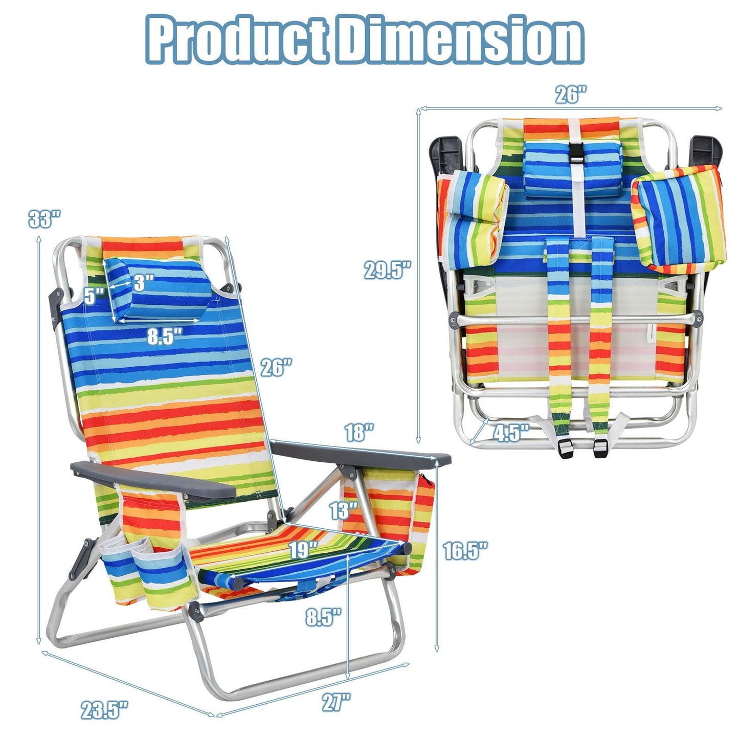 2-Pack Folding Backpack Beach Chair 5-Position Outdoor Reclining Chairs with Pillow, Yellow Beach & Lawn Chairs   at Gallery Canada