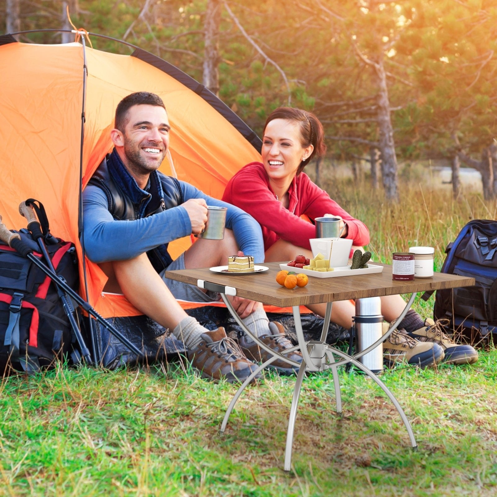 2 Pack Folding Camping Table with Wood-grain Tabletop for Hiking Party, Natural Camping Furniture   at Gallery Canada