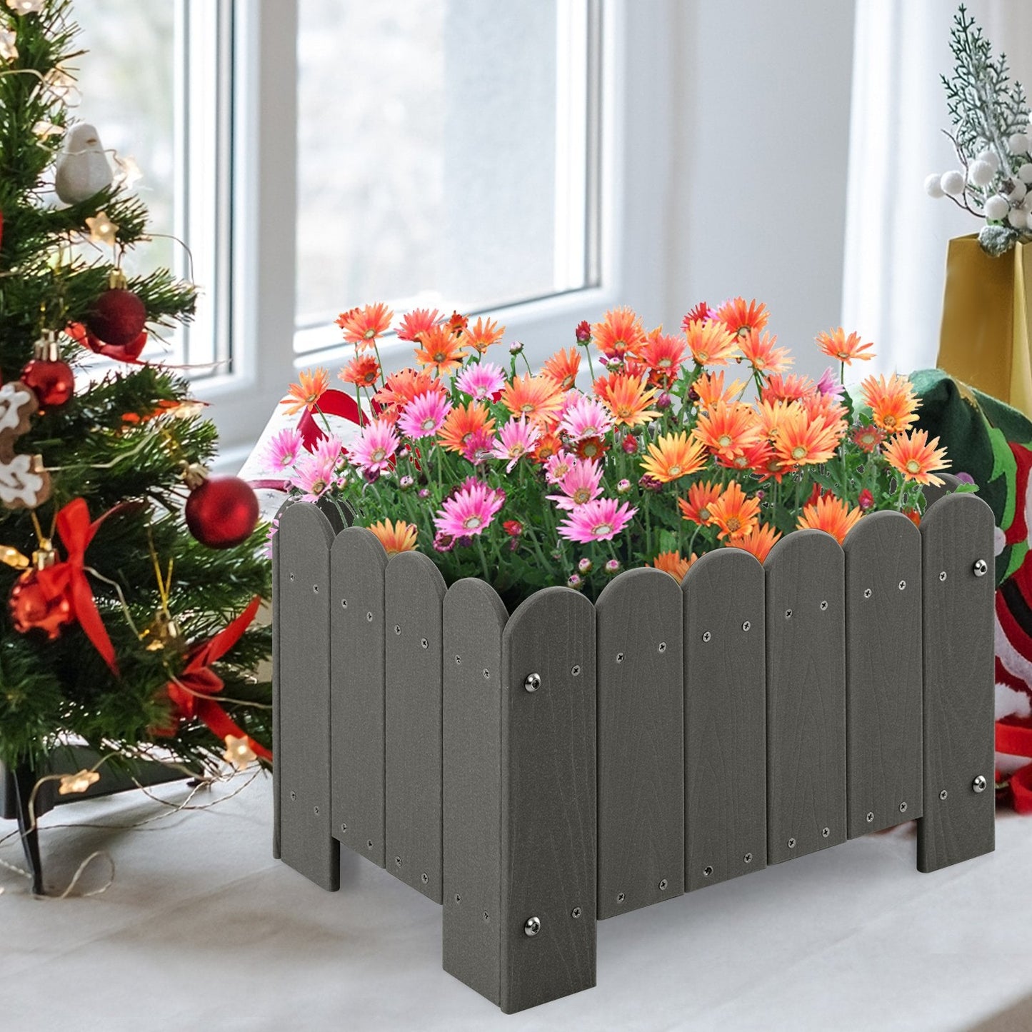 2 Pack Rectangular Planter Box with Drainage Gaps for Front Porch Garden Balcony, Gray Plant Stands   at Gallery Canada