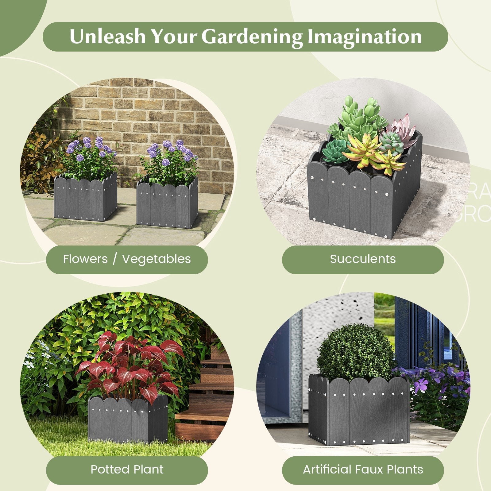 2 Pack Square Planter Box with Drainage Gaps for for Front Porch Garden Balcony, Gray Plant Stands   at Gallery Canada