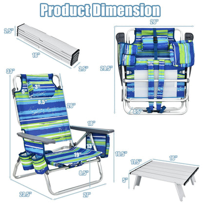 2 Packs 5-Position Outdoor Folding Backpack Beach Table Chair Reclining Chair Set, Blue Beach & Lawn Chairs   at Gallery Canada