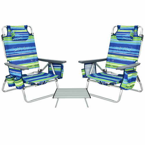 2 Packs 5-Position Outdoor Folding Backpack Beach Table Chair Reclining Chair Set, Blue