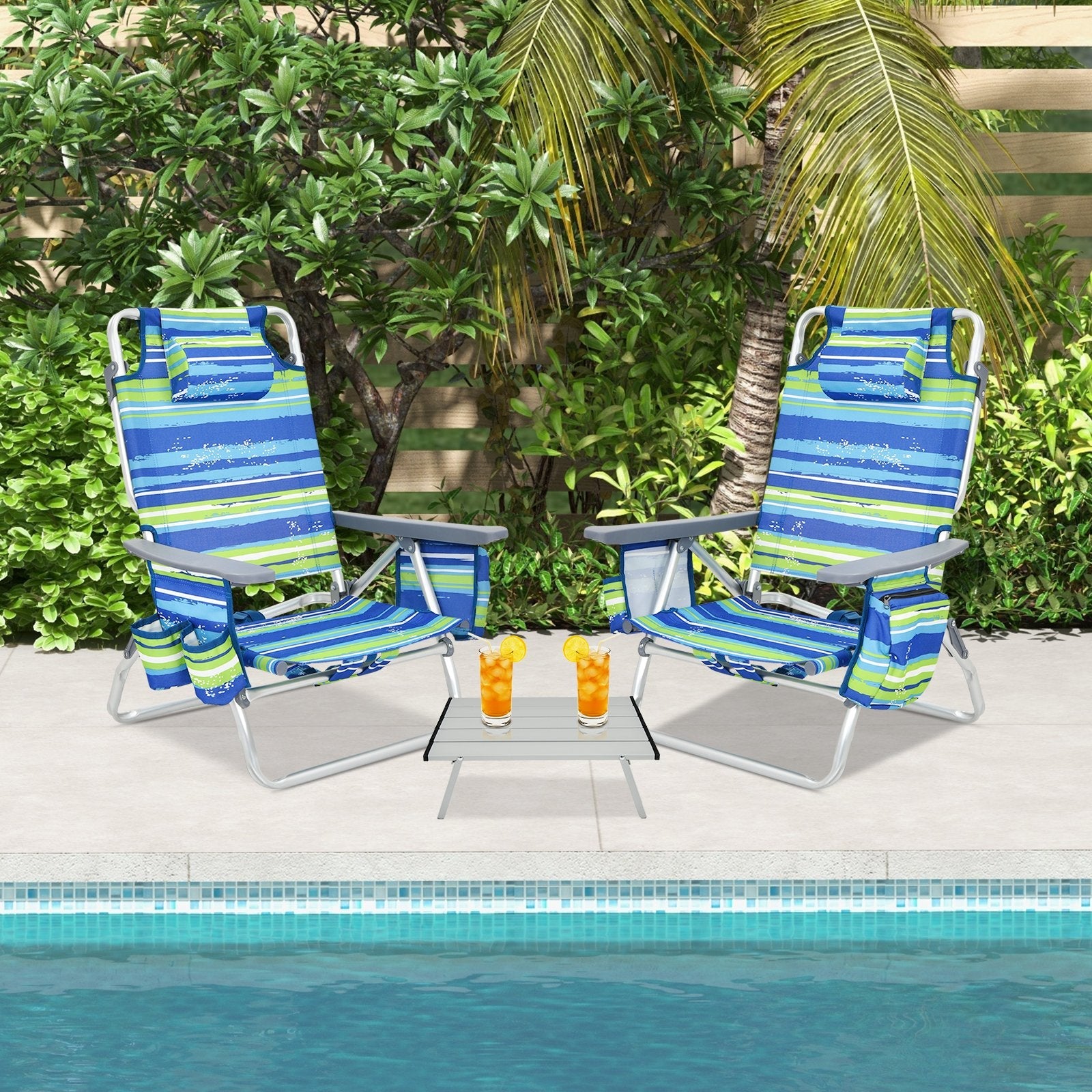 2 Packs 5-Position Outdoor Folding Backpack Beach Table Chair Reclining Chair Set, Blue Beach & Lawn Chairs   at Gallery Canada