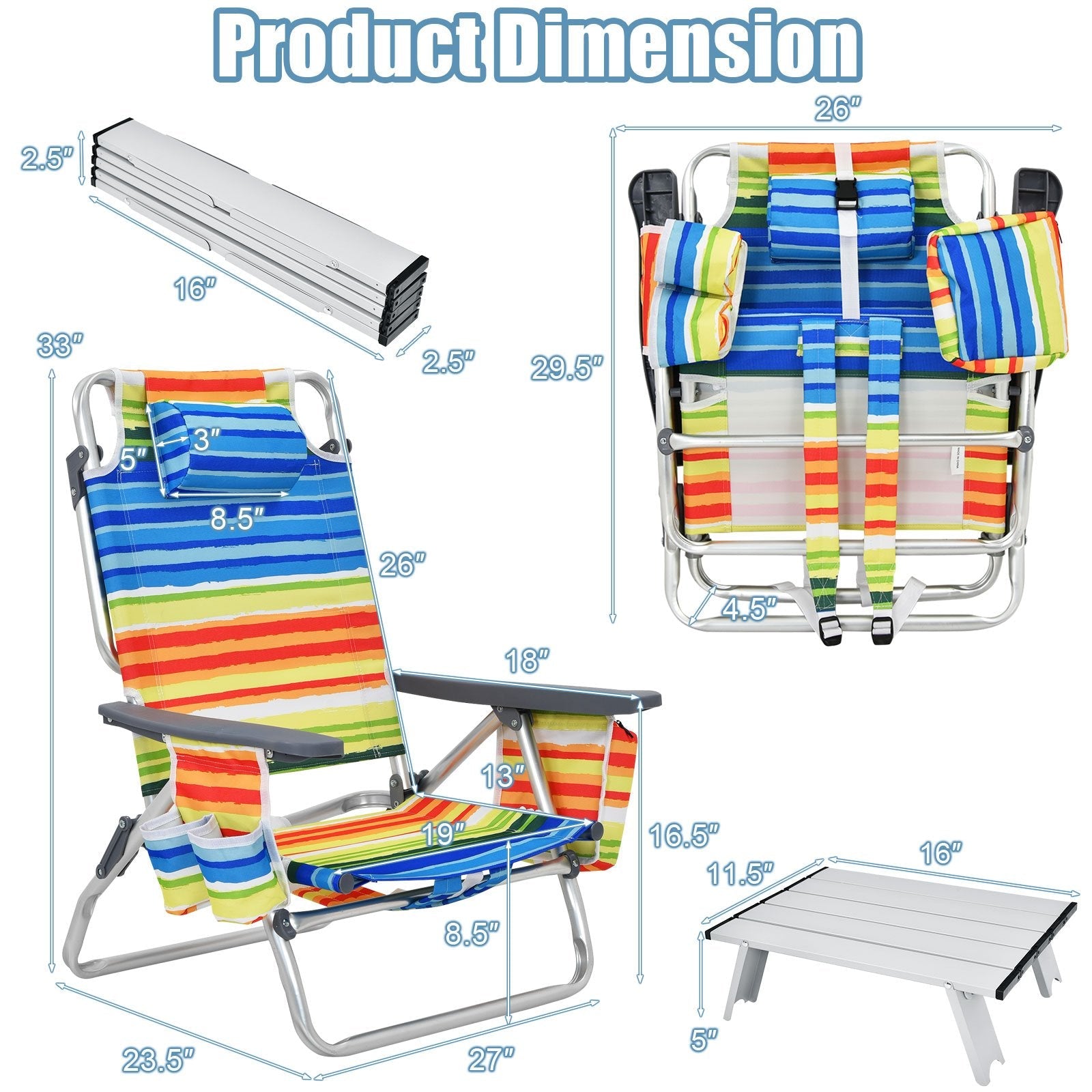 2 Packs 5-Position Outdoor Folding Backpack Beach Table Chair Reclining Chair Set, Yellow Beach & Lawn Chairs   at Gallery Canada