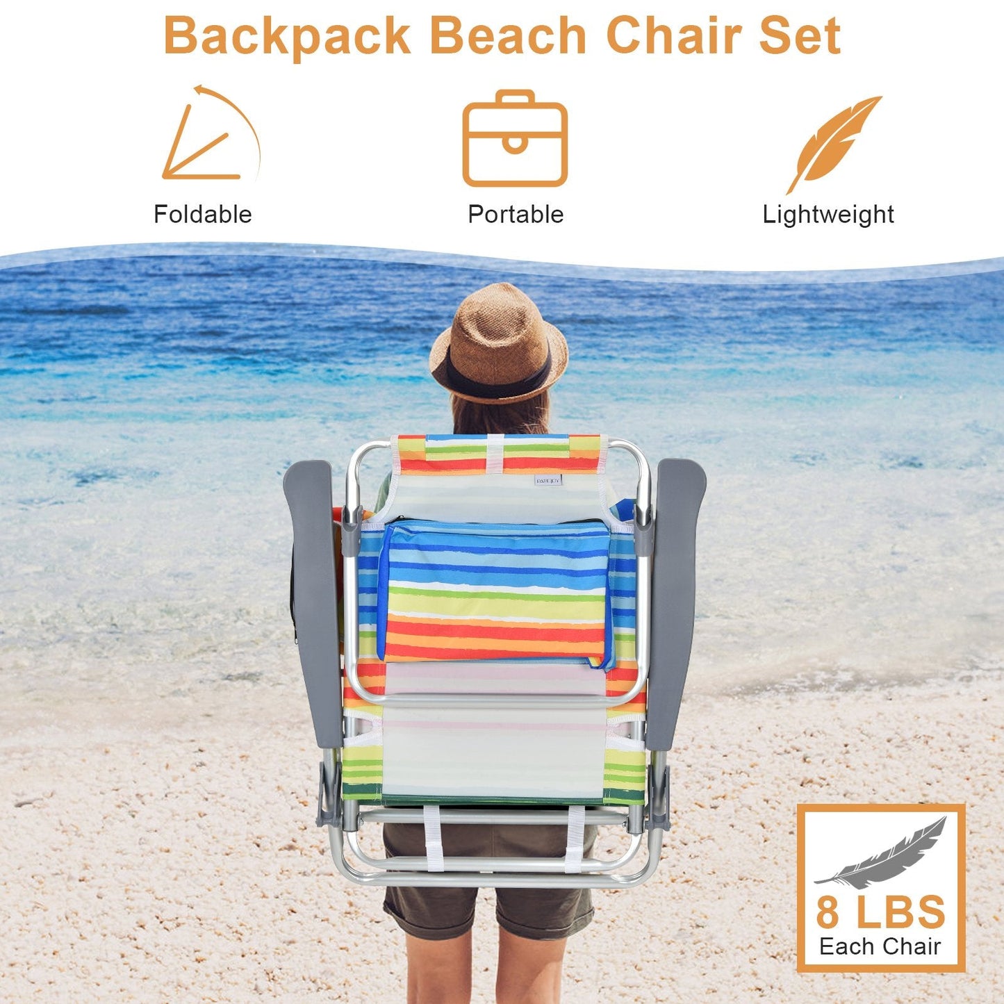 2 Packs 5-Position Outdoor Folding Backpack Beach Table Chair Reclining Chair Set, Yellow Beach & Lawn Chairs   at Gallery Canada