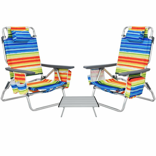 2 Packs 5-Position Outdoor Folding Backpack Beach Table Chair Reclining Chair Set, Yellow