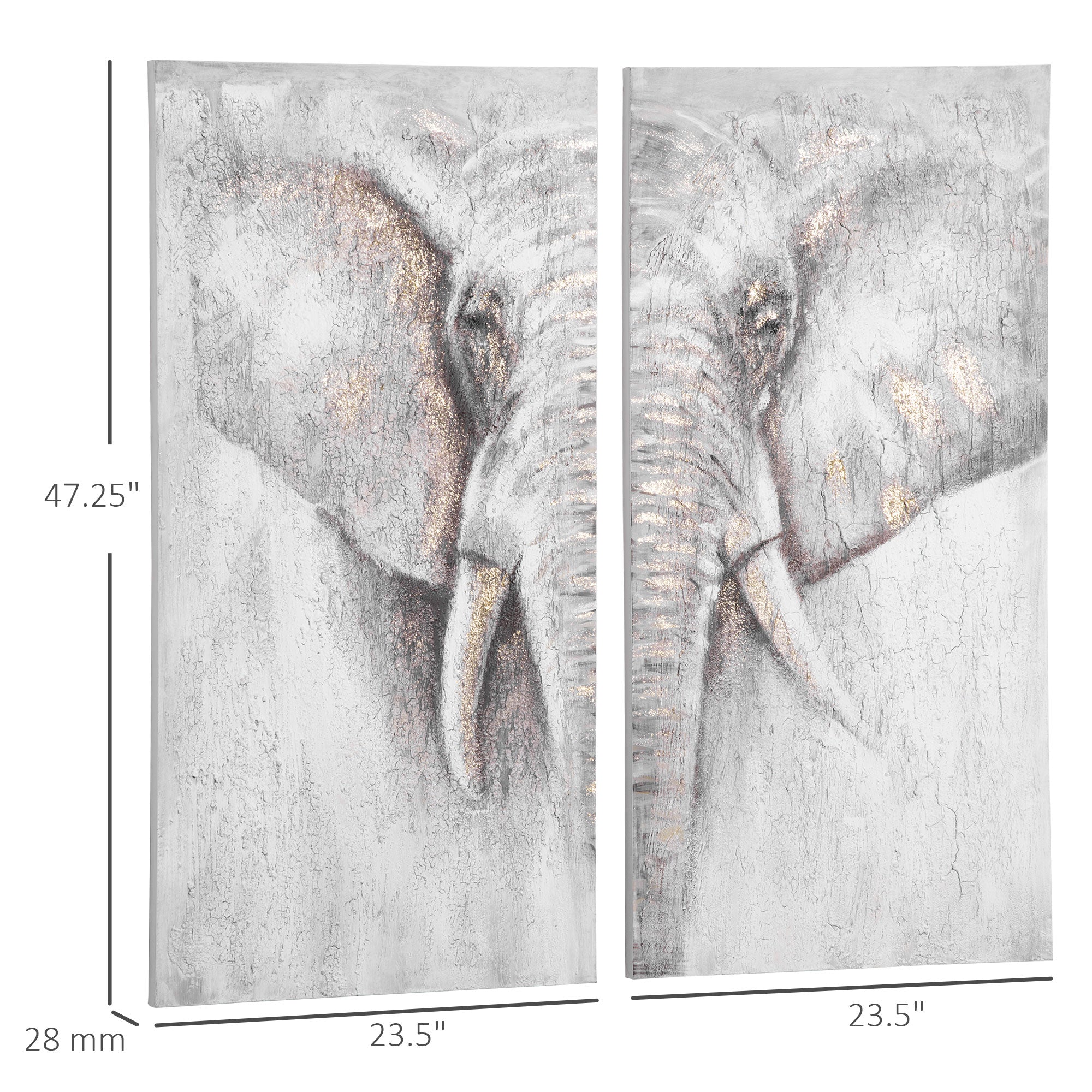 2 Panel Elephant Art Hand-Painted Canvas Animal Wall Art Painting with Heavy Texture, for Living Room Bedroom Decor Grey, 47.25