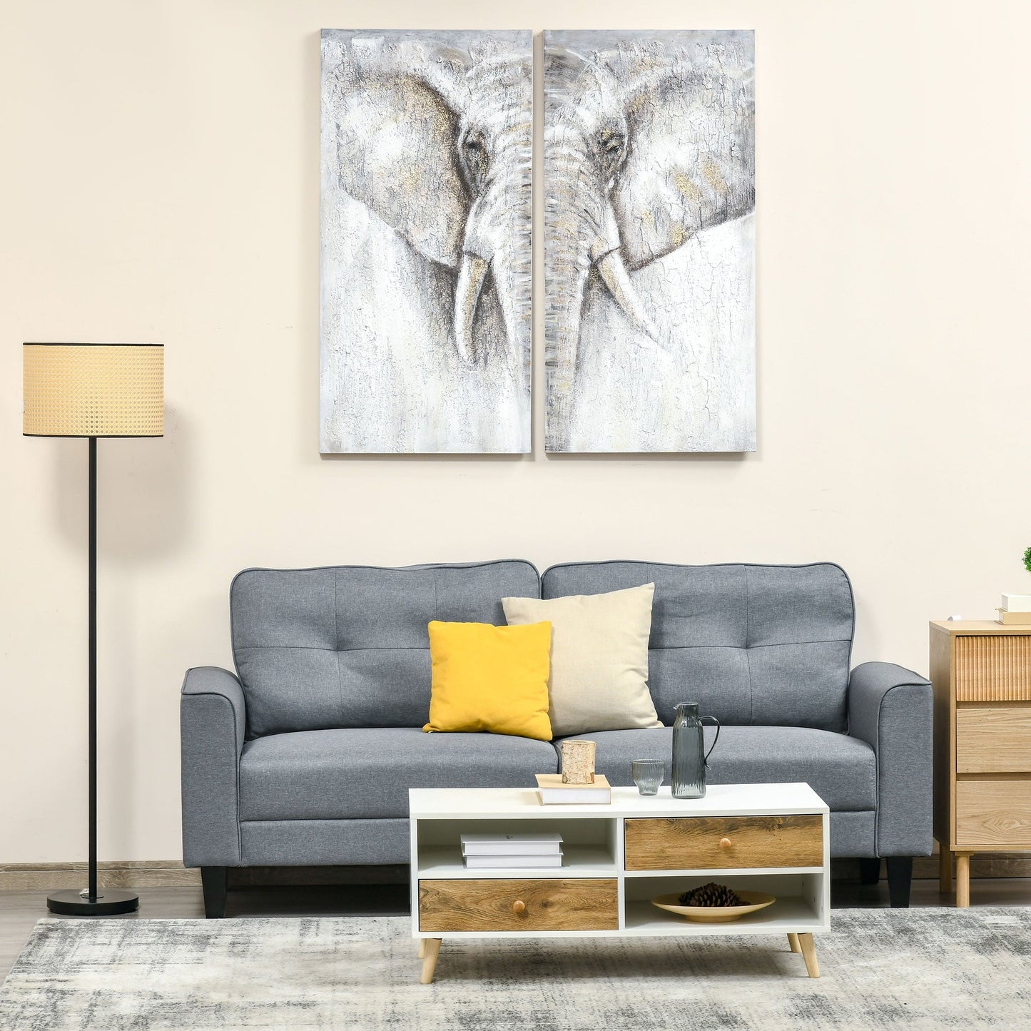 2 Panel Elephant Art Hand-Painted Canvas Animal Wall Art Painting with Heavy Texture, for Living Room Bedroom Decor Grey, 47.25" x 47.25" Hand Painted Canvases   at Gallery Canada