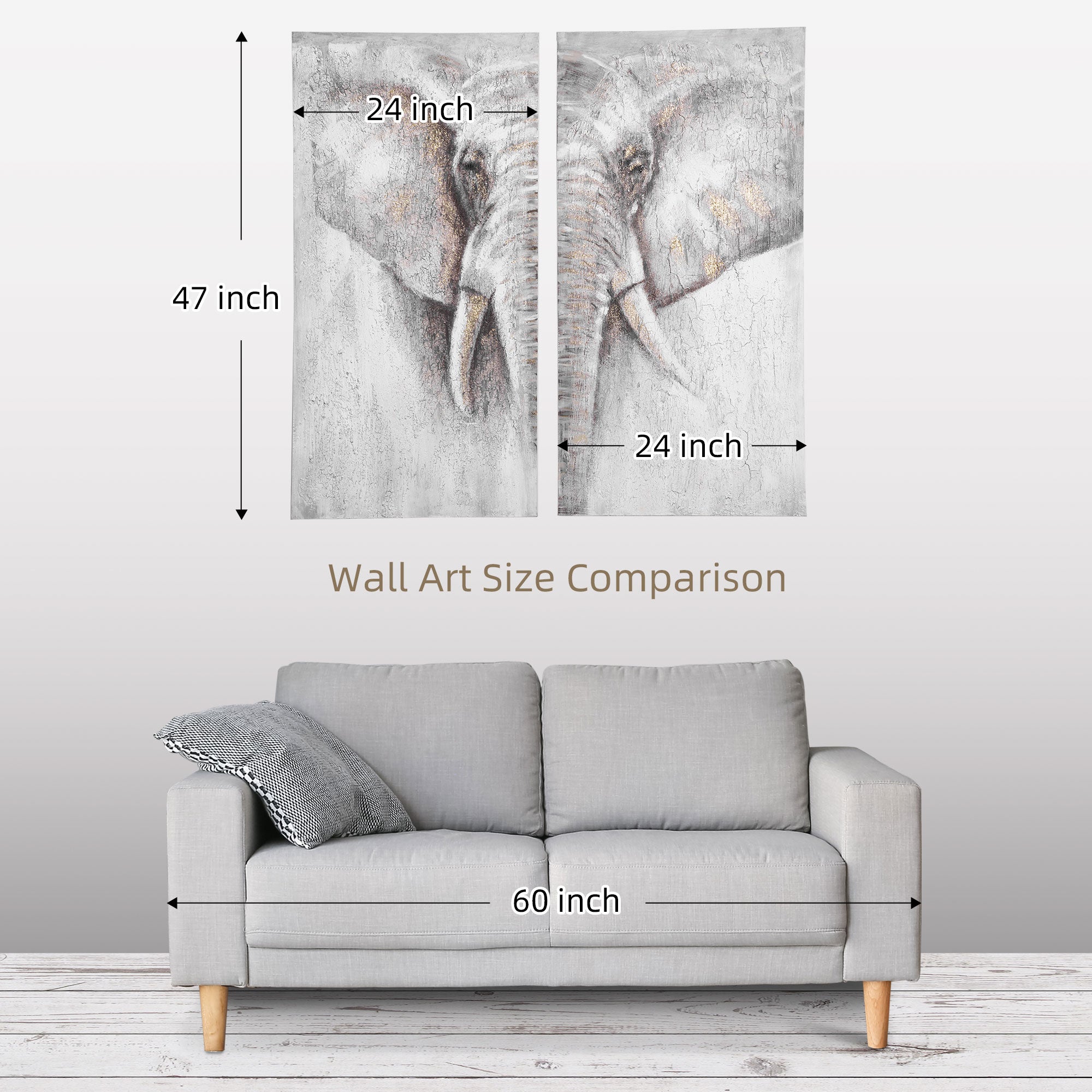 2 Panel Elephant Art Hand-Painted Canvas Animal Wall Art Painting with Heavy Texture, for Living Room Bedroom Decor Grey, 47.25