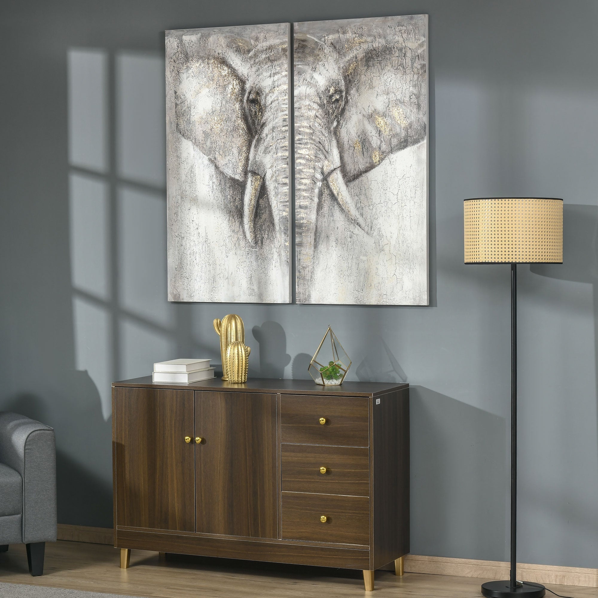 2 Panel Elephant Art Hand-Painted Canvas Animal Wall Art Painting with Heavy Texture, for Living Room Bedroom Decor Grey, 47.25