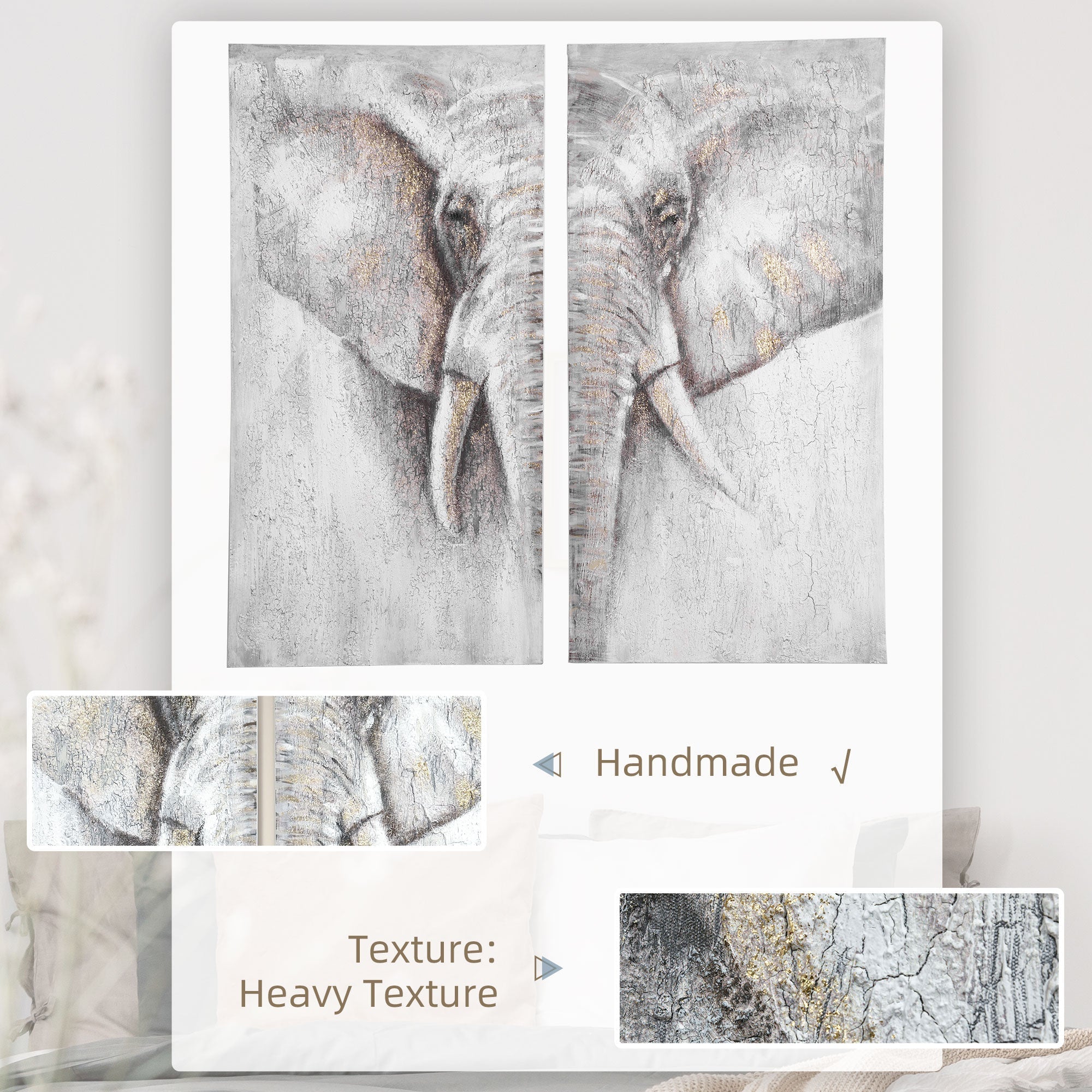 2 Panel Elephant Art Hand-Painted Canvas Animal Wall Art Painting with Heavy Texture, for Living Room Bedroom Decor Grey, 47.25