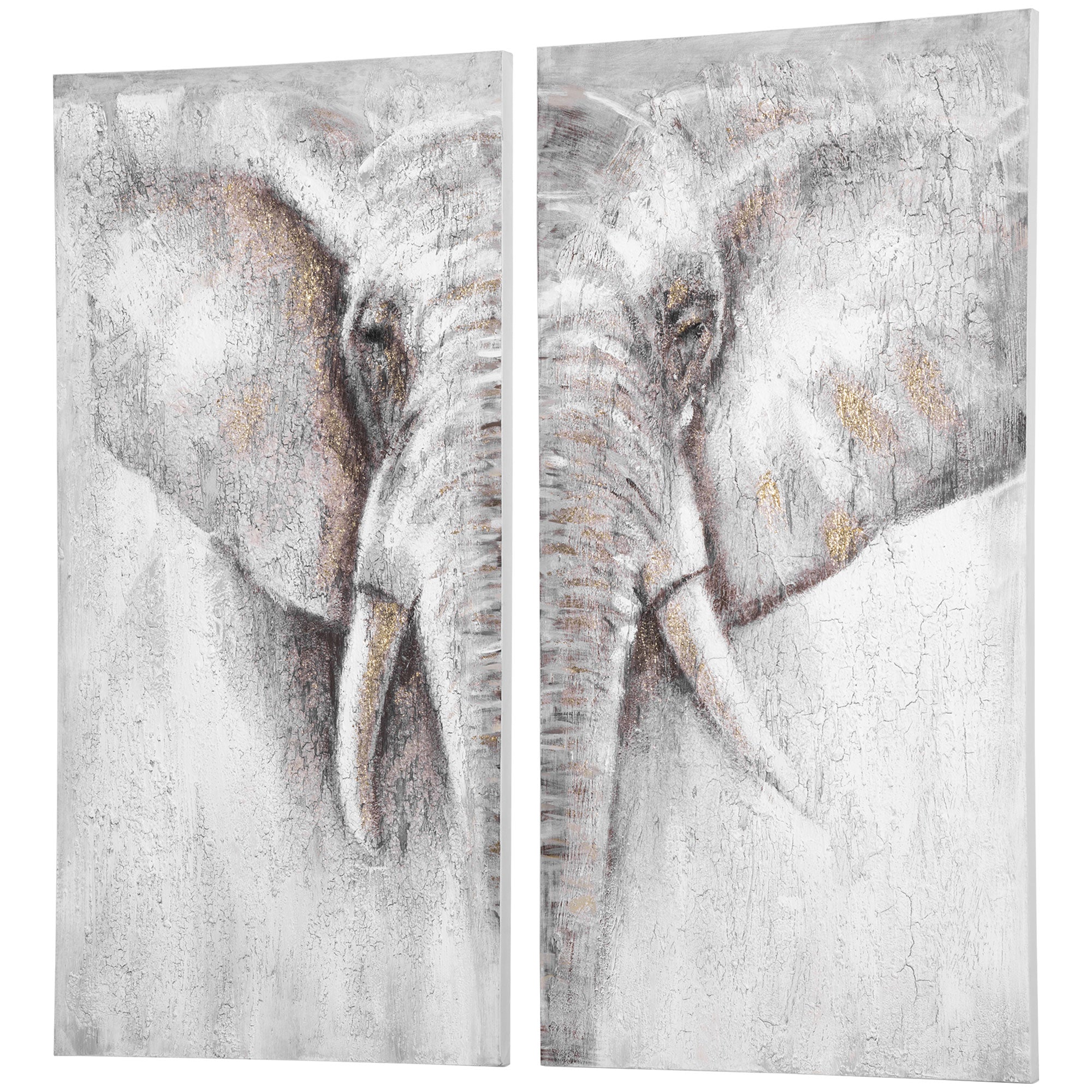 2 Panel Elephant Art Hand-Painted Canvas Animal Wall Art Painting with Heavy Texture, for Living Room Bedroom Decor Grey, 47.25