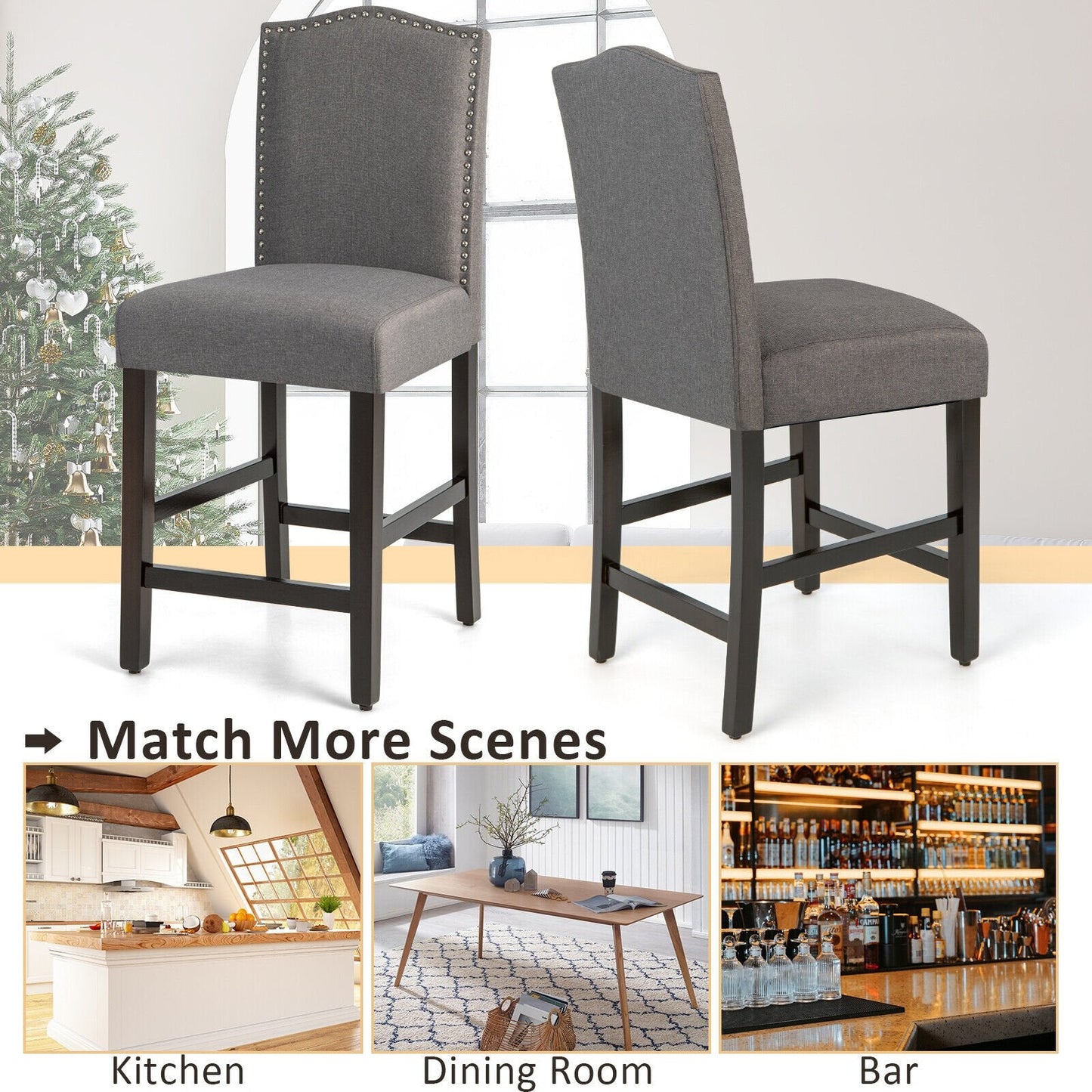 2 Pcs Fabric Nail Head Counter Height Dining Side Chairs Set, Gray Bar Stools   at Gallery Canada