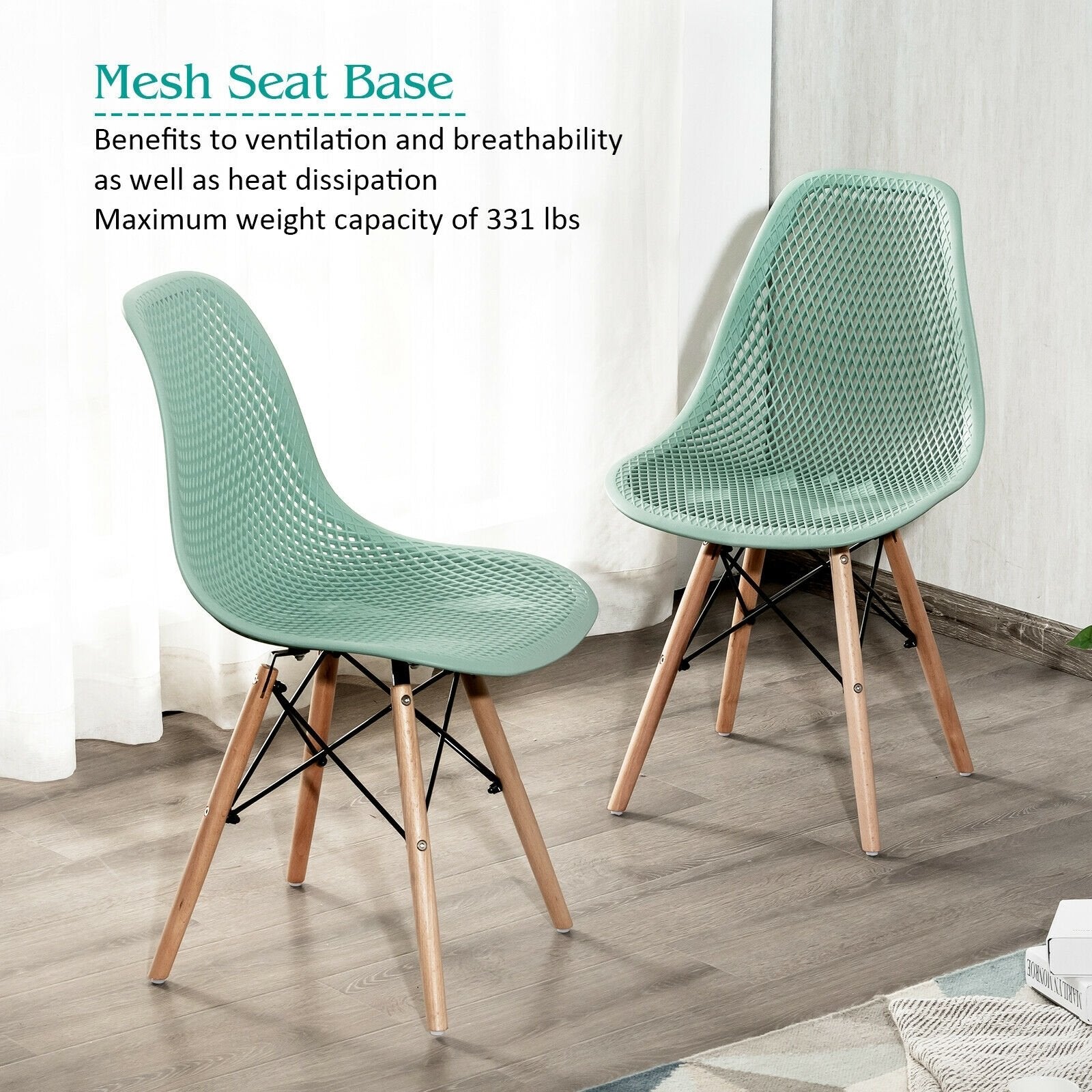 2 Pcs Modern Plastic Hollow Chair Set with Wood Leg, Green Dining Chairs   at Gallery Canada