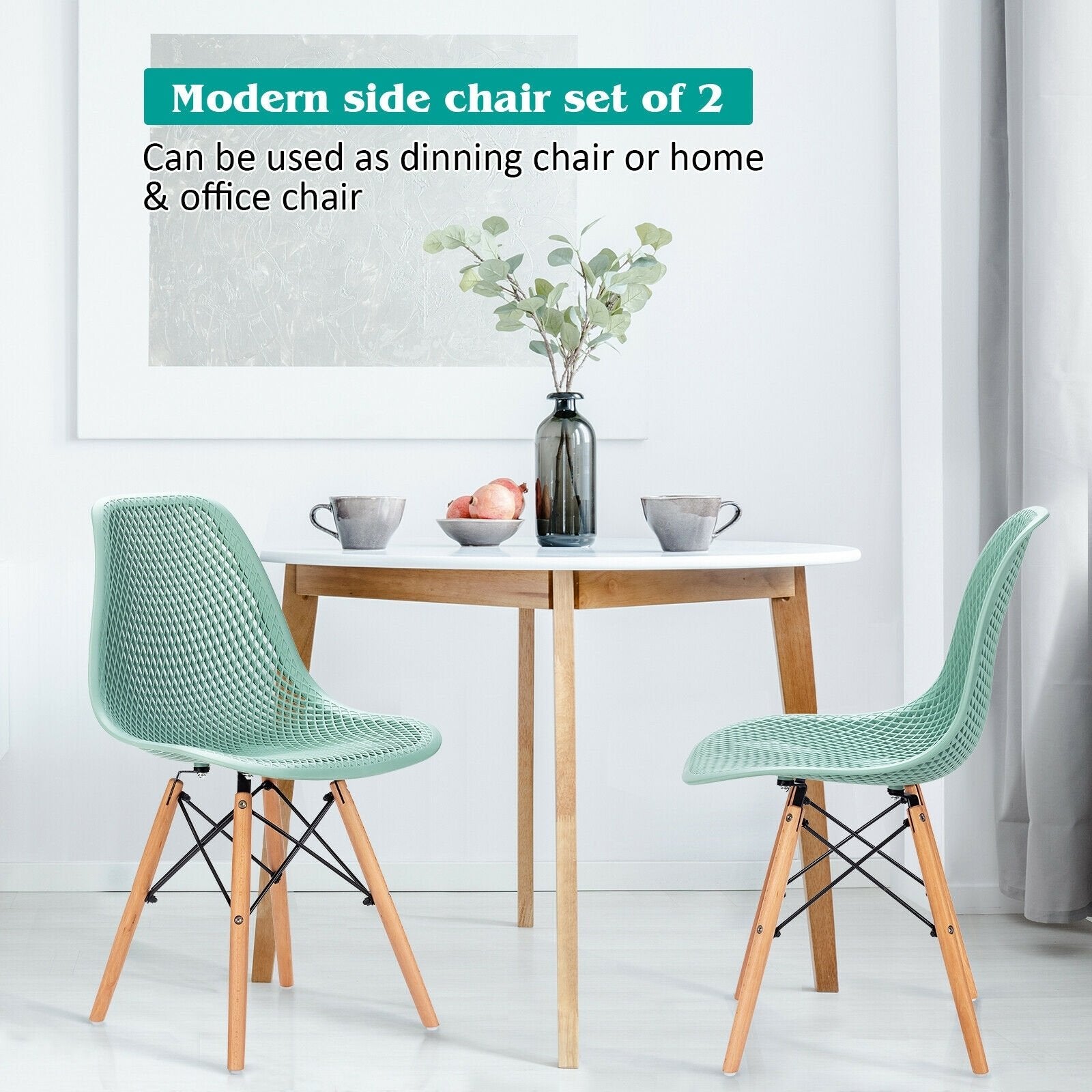 2 Pcs Modern Plastic Hollow Chair Set with Wood Leg, Green Dining Chairs   at Gallery Canada