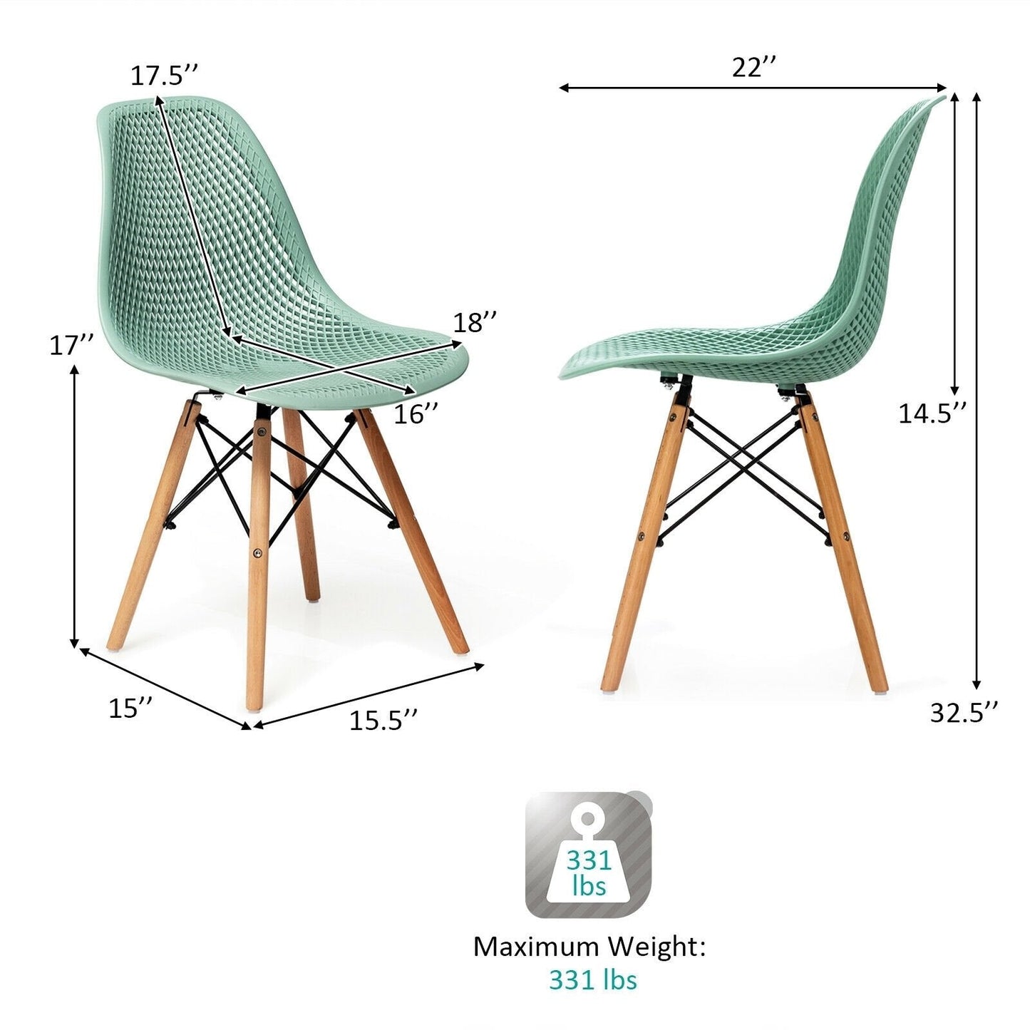 2 Pcs Modern Plastic Hollow Chair Set with Wood Leg, Green Dining Chairs   at Gallery Canada