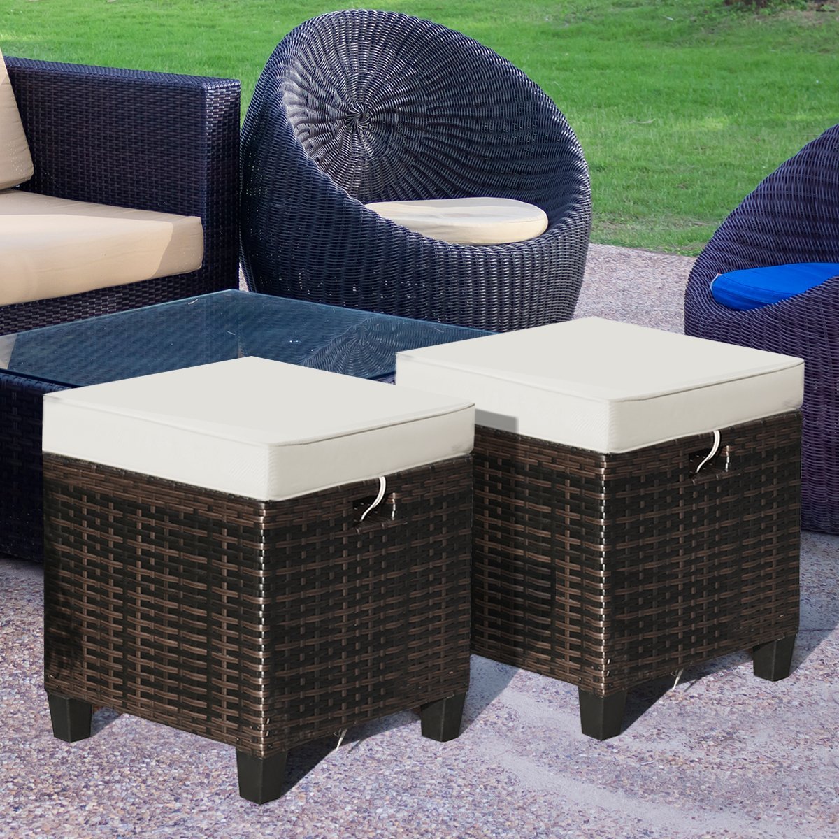 2 Pcs Patio Rattan Ottoman Cushioned Seat Foot Rest, Light Gray Outdoor Seating & Patio Chairs   at Gallery Canada