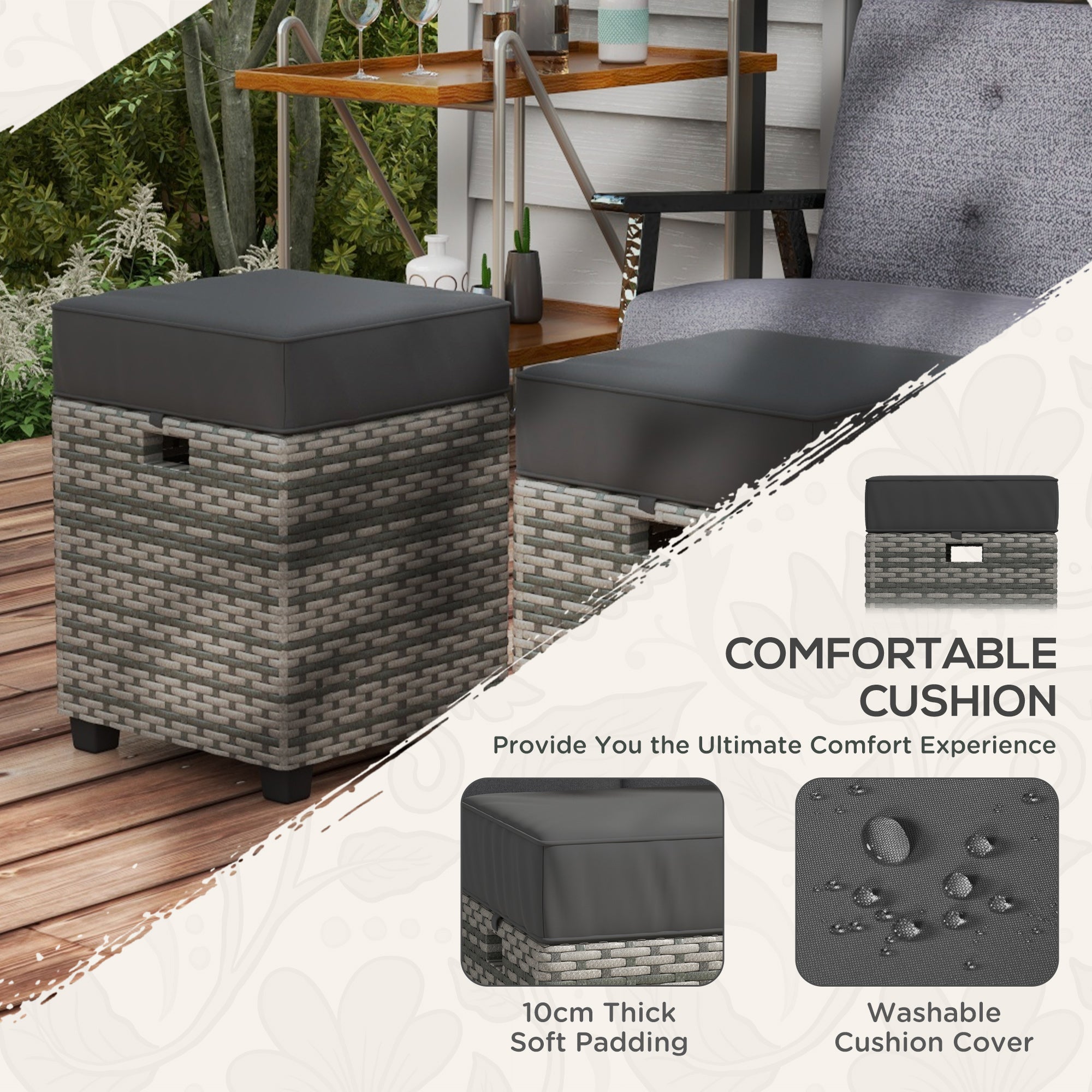 2 PCS Patio Wicker Ottoman Set, Square Outdoor PE Rattan Footrest with Removable Cushion for Backyard, Grey Patio Furniture Sets   at Gallery Canada