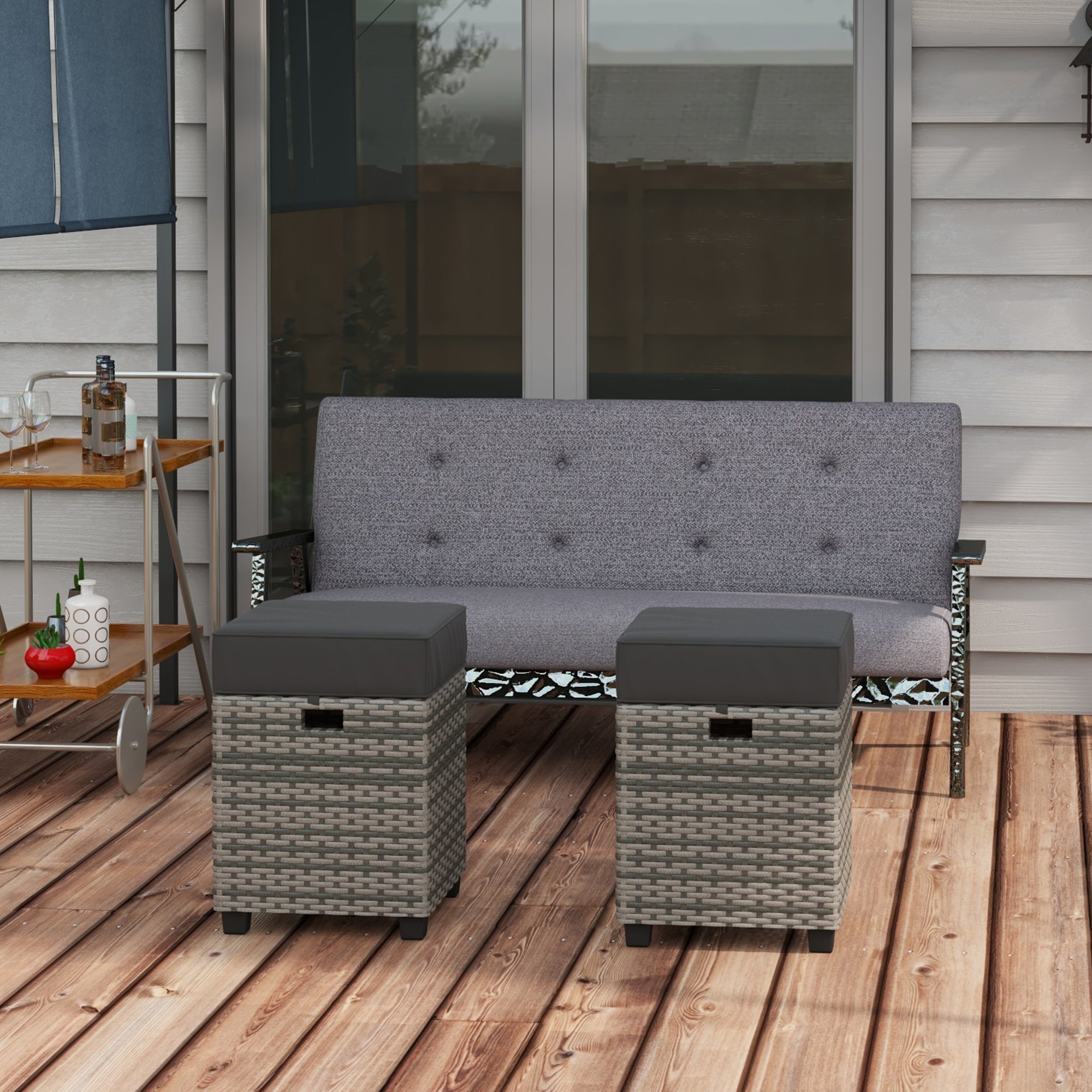 2 PCS Patio Wicker Ottoman Set, Square Outdoor PE Rattan Footrest with Removable Cushion for Backyard, Grey Patio Furniture Sets   at Gallery Canada