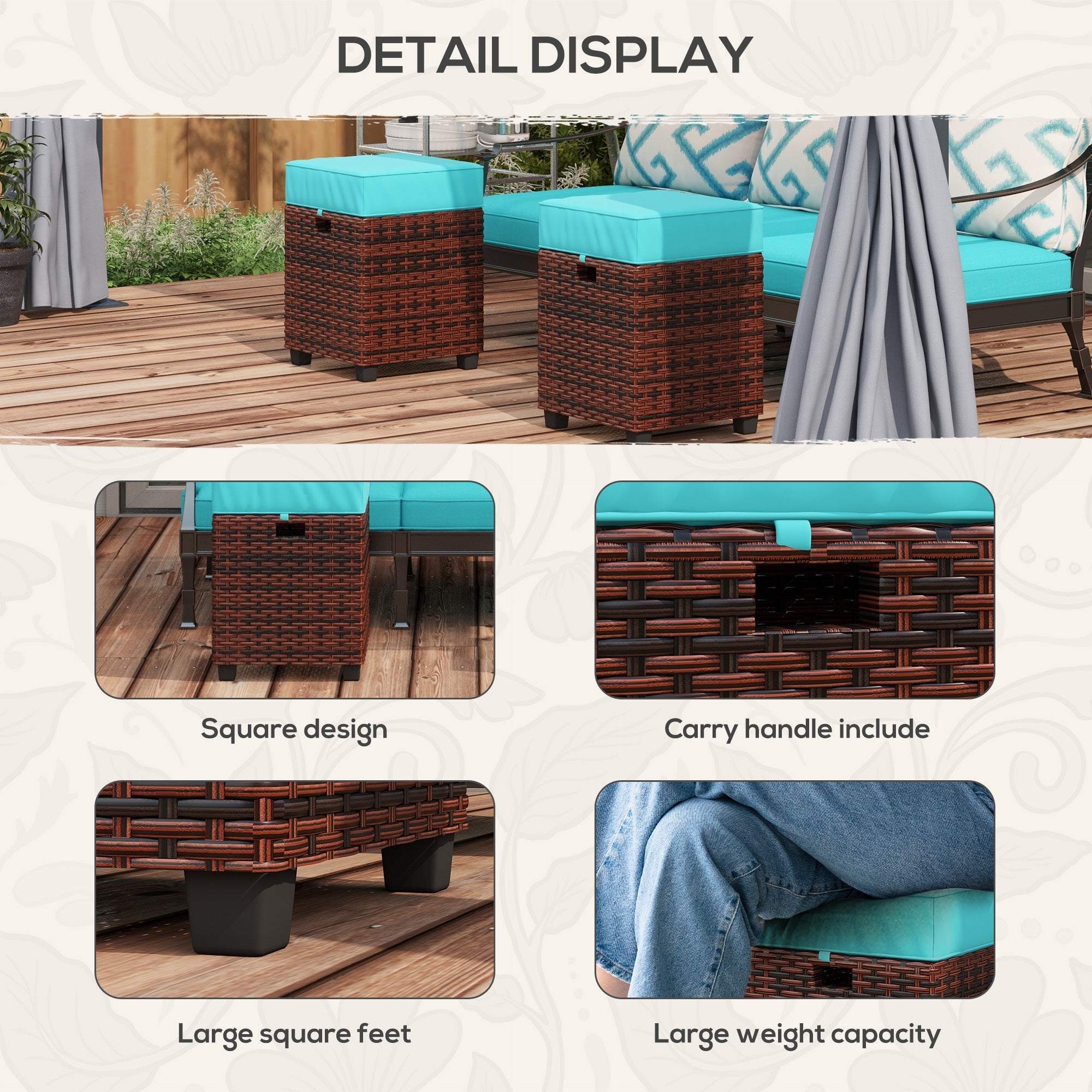 2 PCS Patio Wicker Ottoman Set, Square Outdoor PE Rattan Footrest with Removable Cushion for Backyard, Sky Blue Patio Furniture Sets   at Gallery Canada