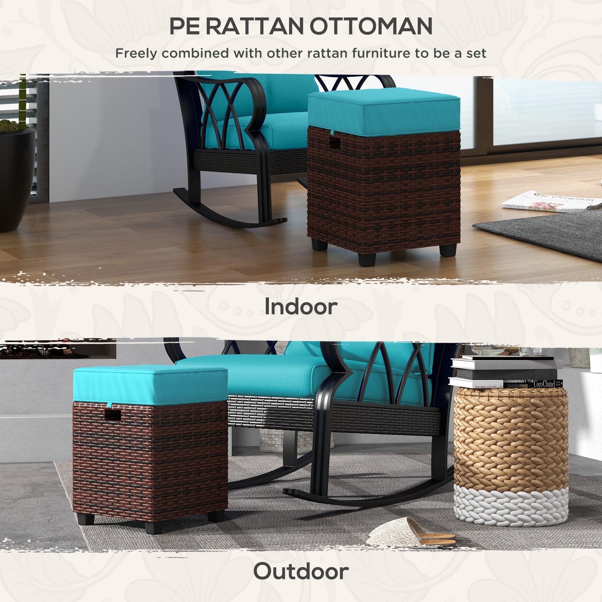 2 PCS Patio Wicker Ottoman Set, Square Outdoor PE Rattan Footrest with Removable Cushion for Backyard, Sky Blue Patio Furniture Sets   at Gallery Canada