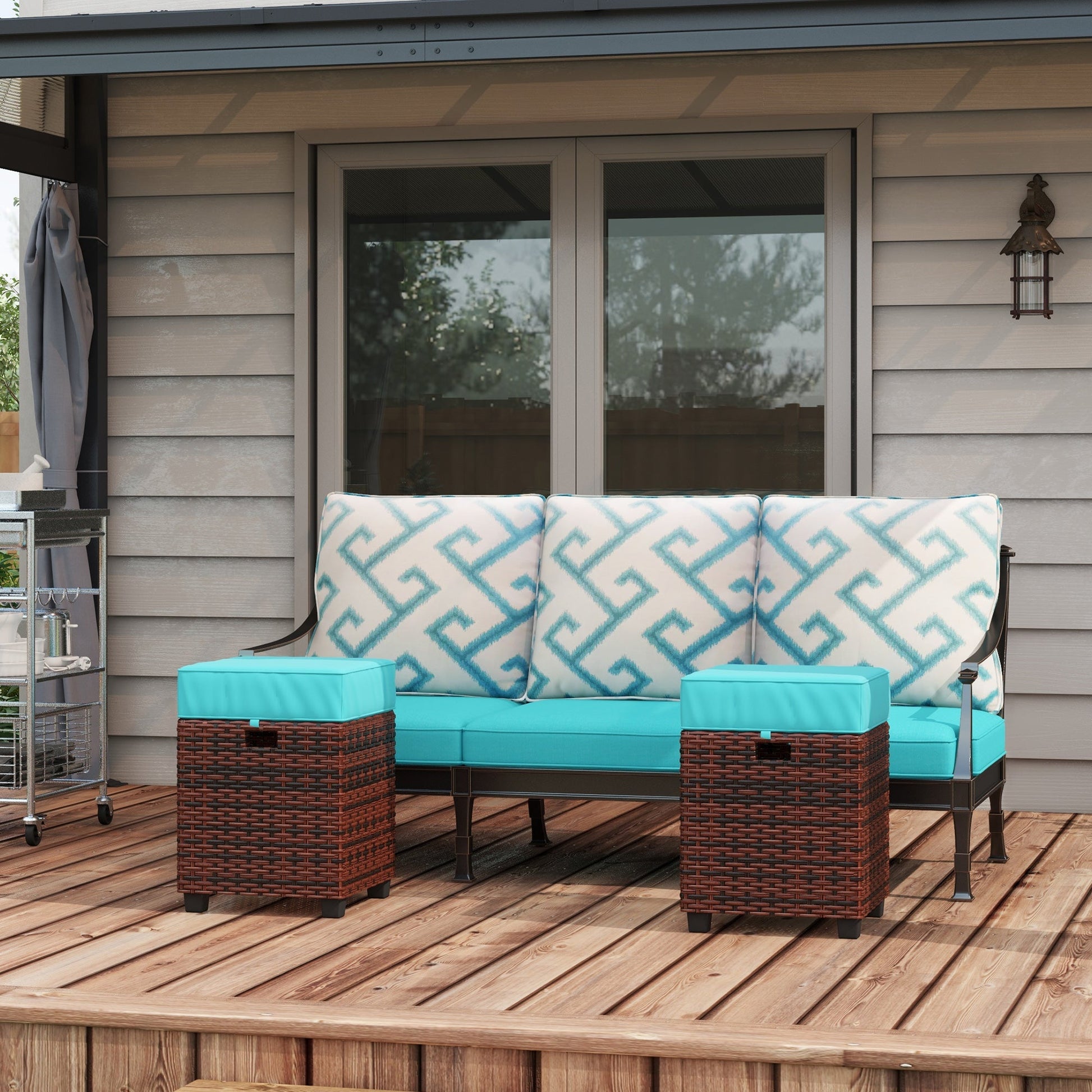 2 PCS Patio Wicker Ottoman Set, Square Outdoor PE Rattan Footrest with Removable Cushion for Backyard, Sky Blue Patio Furniture Sets   at Gallery Canada