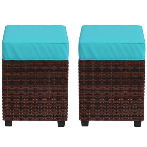 2 PCS Patio Wicker Ottoman Set, Square Outdoor PE Rattan Footrest with Removable Cushion for Backyard, Sky Blue