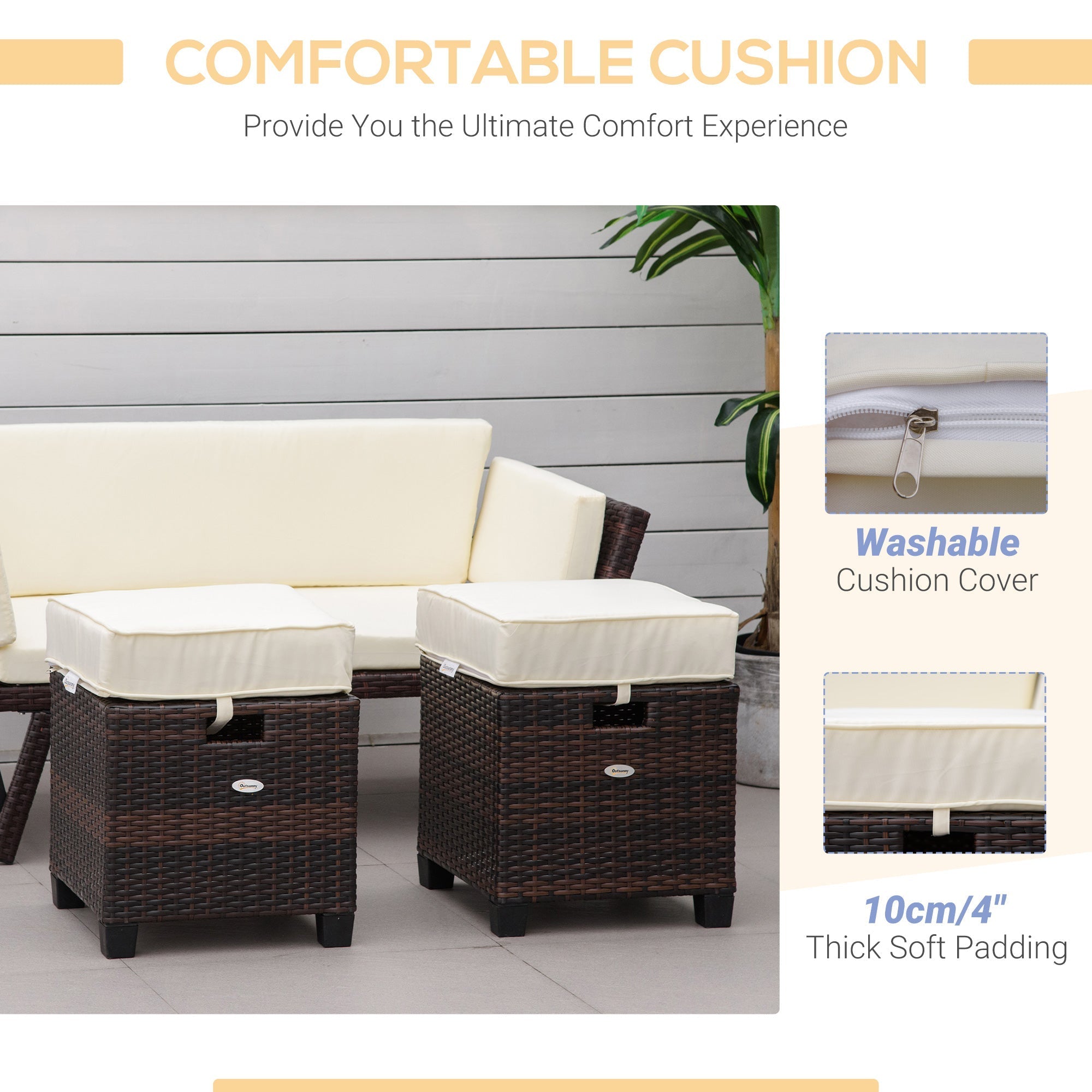 2 PCS Patio Wicker Ottoman Set with Cushions, Outdoor PE Rattan Footrest, Beige Patio Chairs   at Gallery Canada