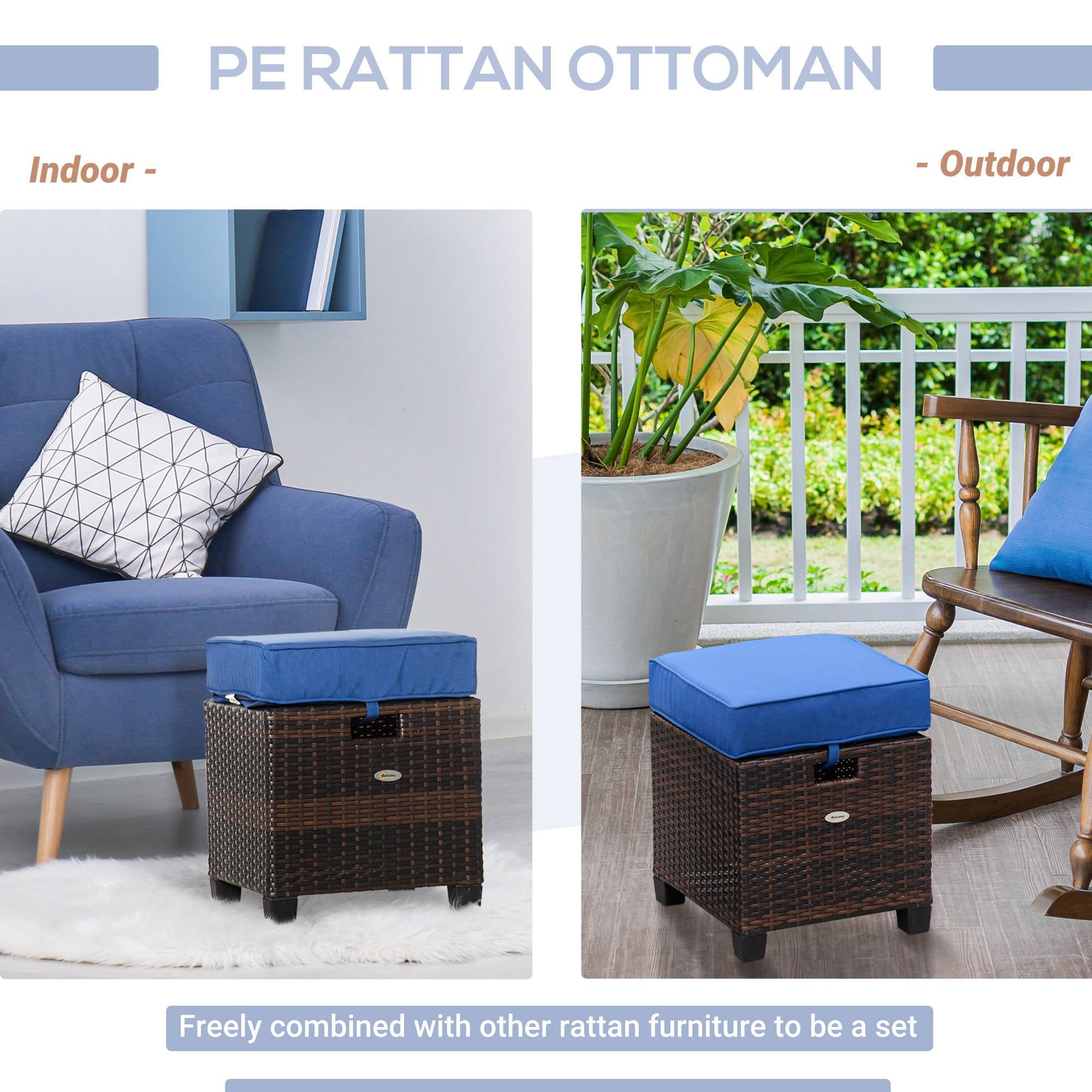 Outdoor PE Rattan Wicker Ottoman Set with Cushions, 2 PCS, Blue Patio Furniture Sets   at Gallery Canada