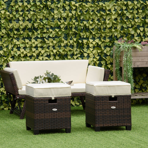 2 PCS Patio Wicker Ottoman Set with Cushions, Outdoor PE Rattan Footrest, Beige