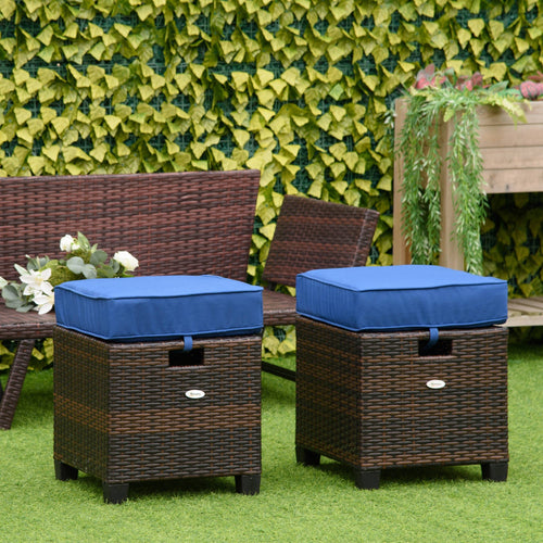 Outdoor PE Rattan Wicker Ottoman Set with Cushions, 2 PCS, Blue