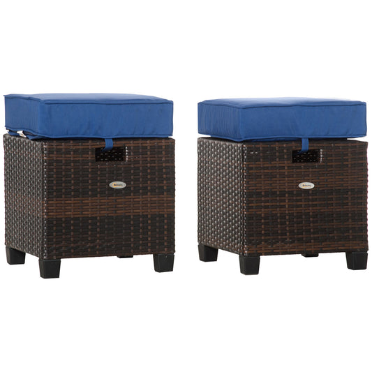 2 PCS Patio Wicker Ottoman Set, Two Square Outdoor PE Rattan Footrest with Removable Cushion, Freely Combined Furniture w/ Handle for Backyard, Garden, Poolside, Blue - Gallery Canada