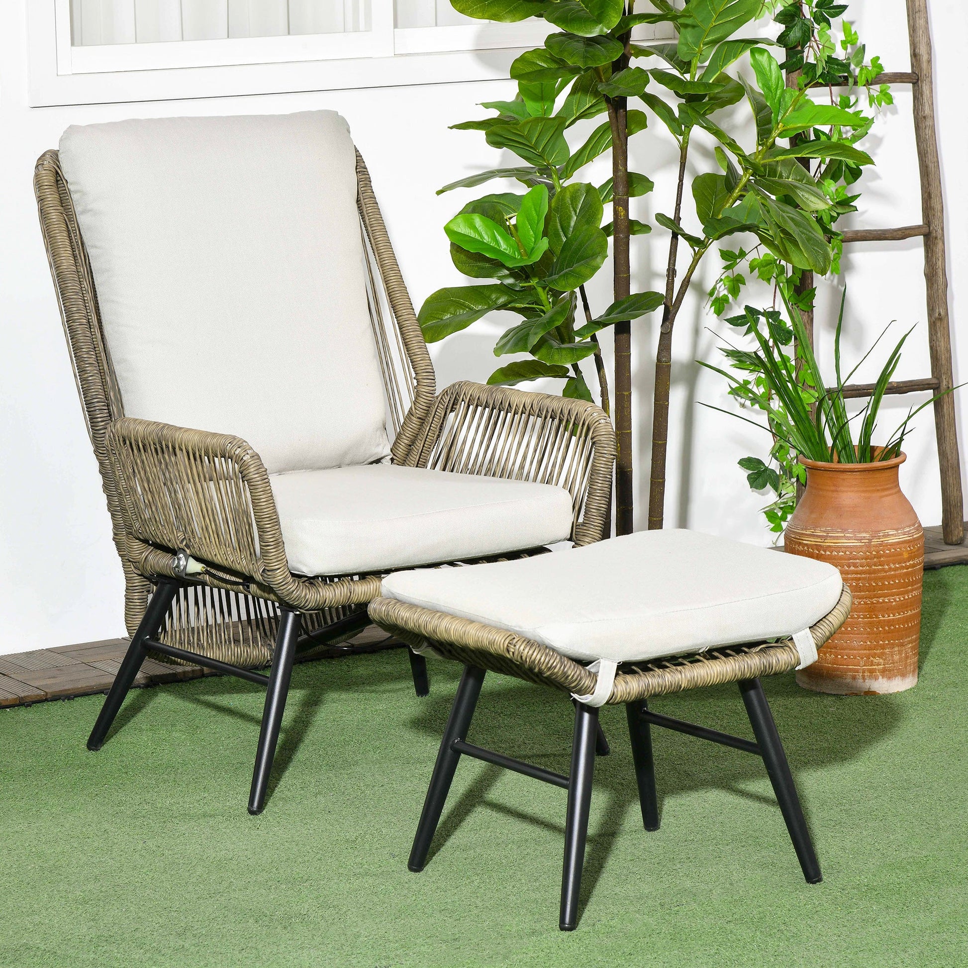 2 PCs PE Rattan Leisure Chair Set, Outdoor Reclining Patio Chair and Footrest w/ Adjustable Backrest &; Cushion, Khaki Patio Chairs   at Gallery Canada