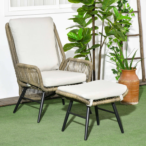 2 PCs PE Rattan Leisure Chair Set, Outdoor Reclining Patio Chair and Footrest w/ Adjustable Backrest &; Cushion, Khaki