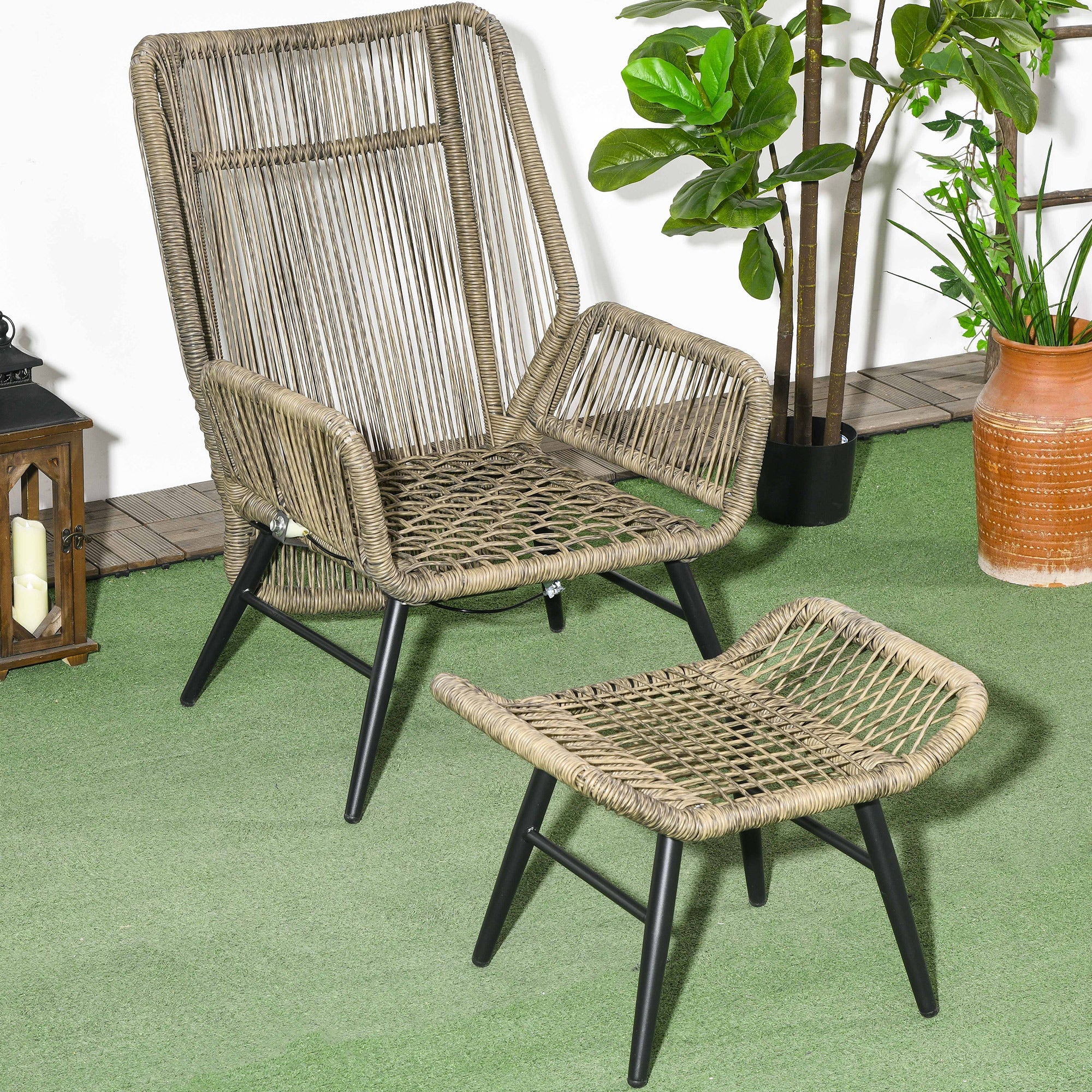 2 PCs PE Rattan Leisure Chair Set, Outdoor Reclining Patio Chair and Footrest w/ Adjustable Backrest &; Cushion, Khaki Patio Chairs   at Gallery Canada