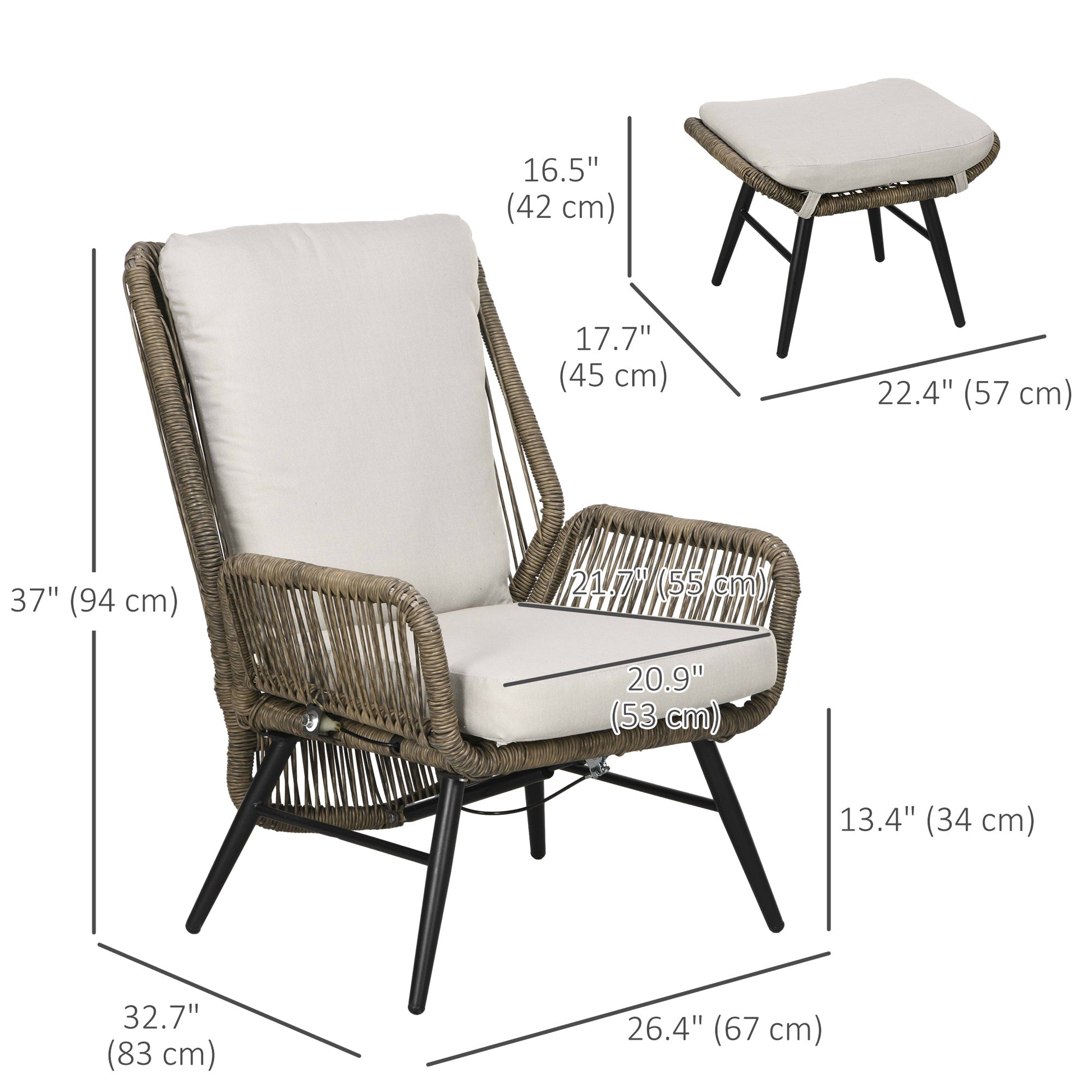 2 PCs PE Rattan Leisure Chair Set, Outdoor Reclining Patio Chair and Footrest w/ Adjustable Backrest &; Cushion, Khaki Patio Chairs   at Gallery Canada