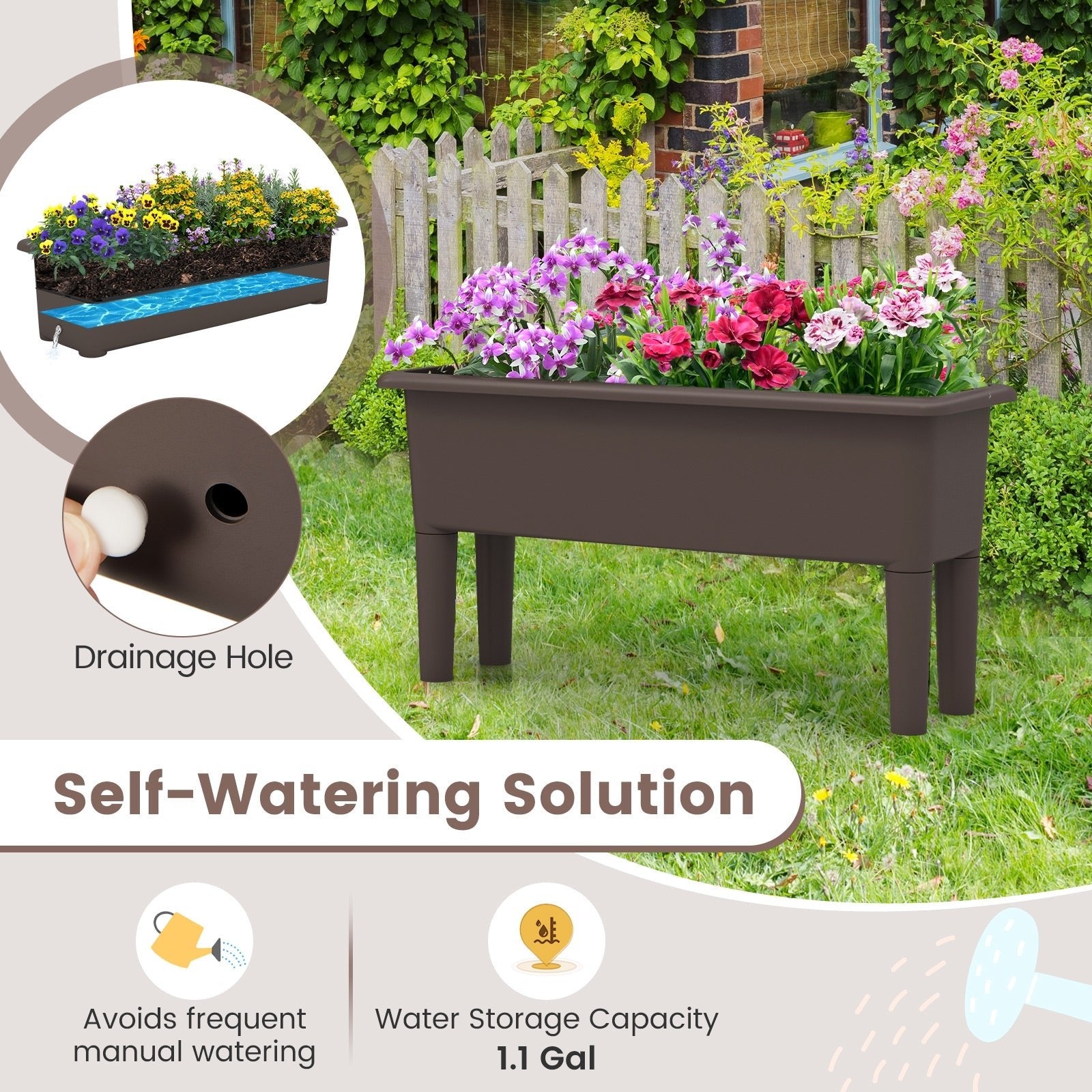 2 PCS Raised Garden Beds Self-Watering Planter Box with Detachable Legs and Drainage Hole, Coffee Raised Garden Beds   at Gallery Canada