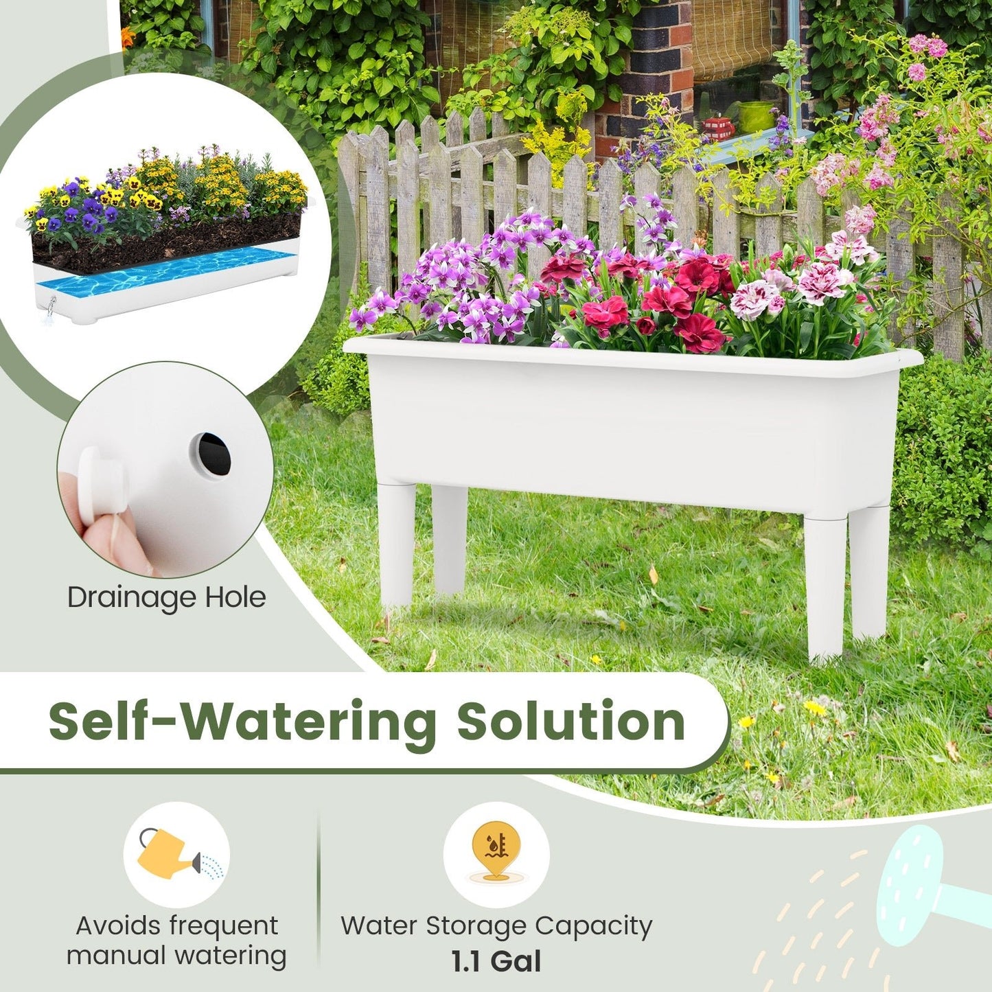 2 PCS Raised Garden Beds Self-Watering Planter Box with Detachable Legs and Drainage Hole, White Raised Garden Beds   at Gallery Canada