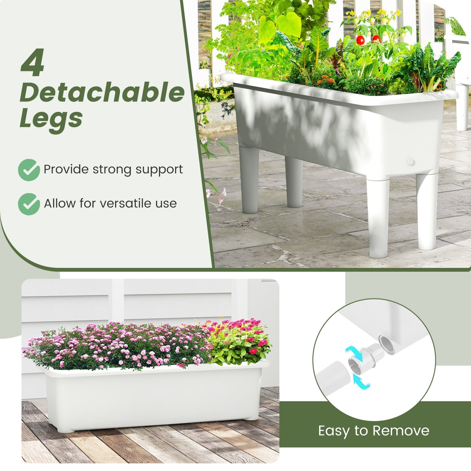 2 PCS Raised Garden Beds Self-Watering Planter Box with Detachable Legs and Drainage Hole, White Raised Garden Beds   at Gallery Canada