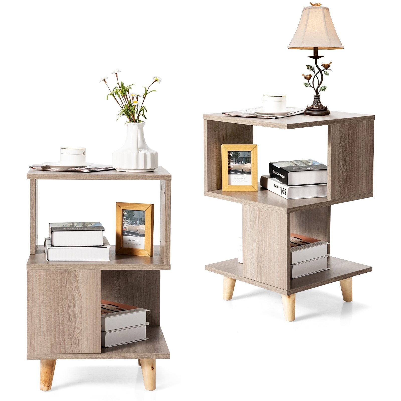 2 Pcs Wooden Modern Nightstand Set with Solid Wood Legs for Living Room, Gray Nightstands   at Gallery Canada