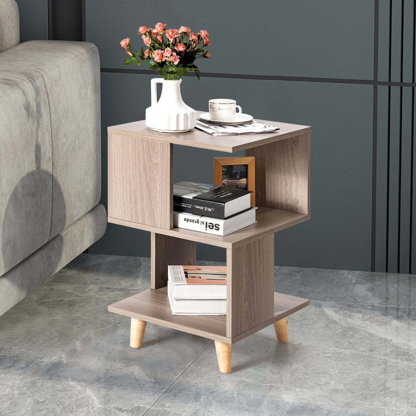 2 Pcs Wooden Modern Nightstand Set with Solid Wood Legs for Living Room, Gray Nightstands   at Gallery Canada