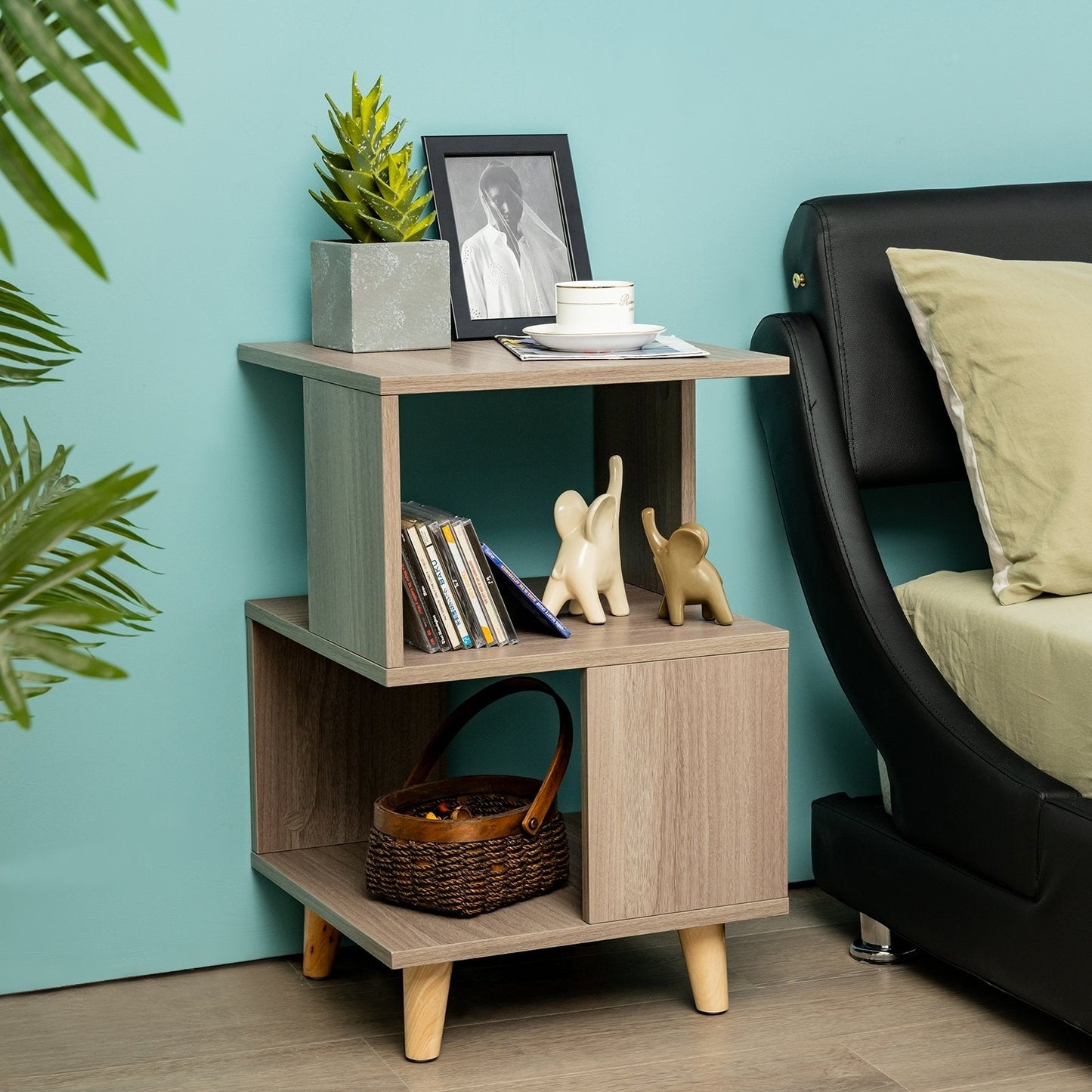 2 Pcs Wooden Modern Nightstand Set with Solid Wood Legs for Living Room, Gray Nightstands   at Gallery Canada