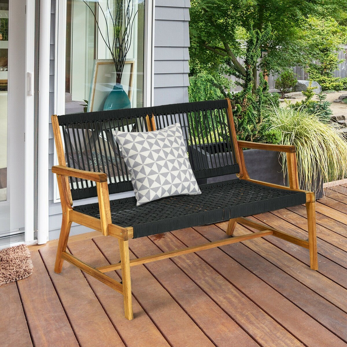 2-Person Acacia Wood Yard Bench for Balcony and Patio, Black Outdoor Benches   at Gallery Canada