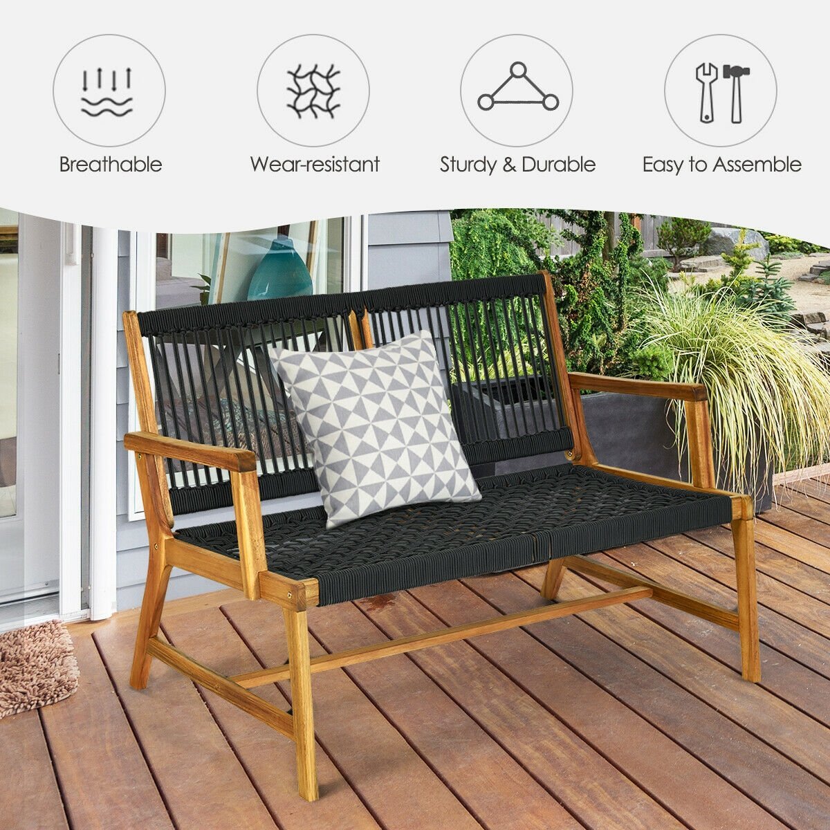 2-Person Acacia Wood Yard Bench for Balcony and Patio, Black Outdoor Benches   at Gallery Canada