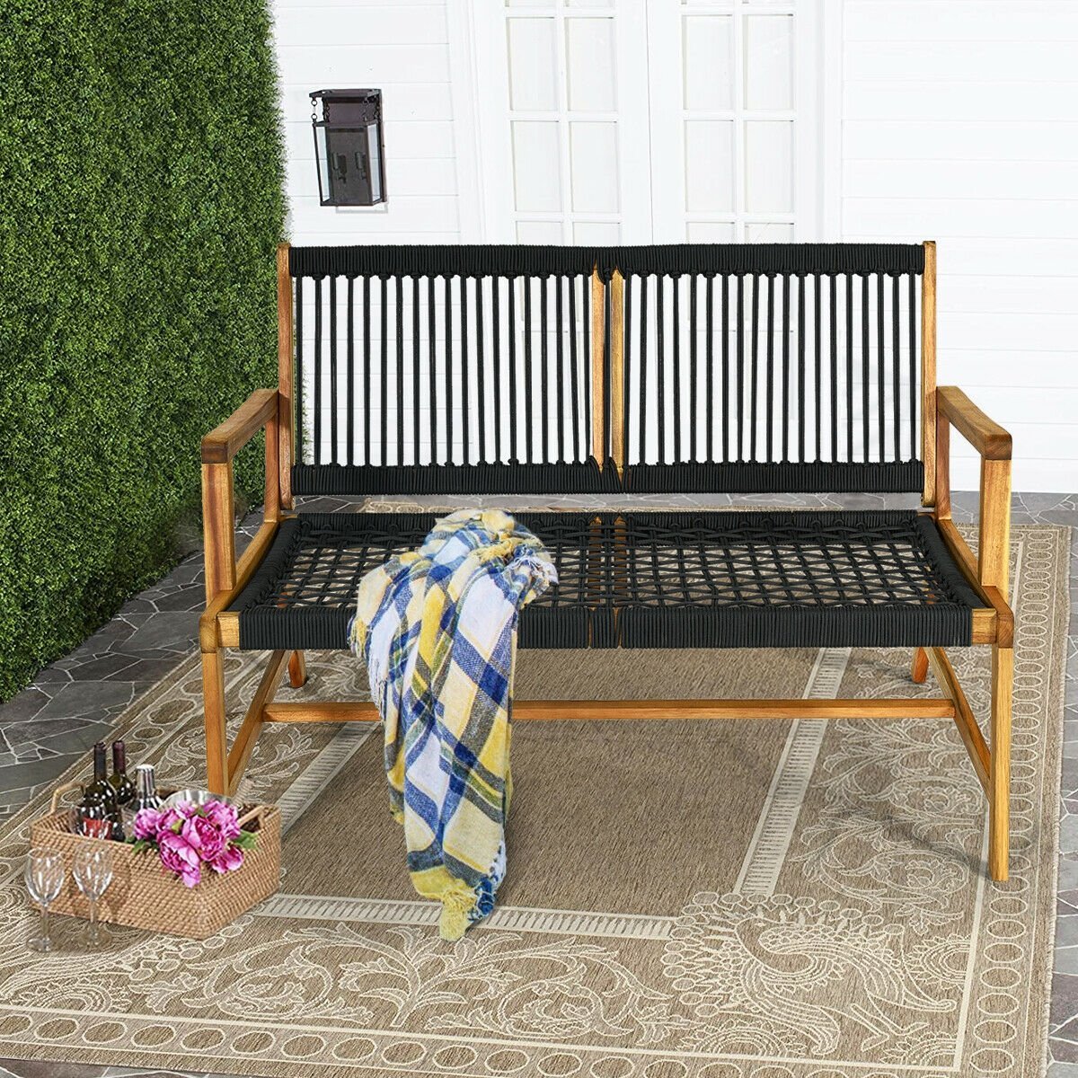 2-Person Acacia Wood Yard Bench for Balcony and Patio, Black Outdoor Benches   at Gallery Canada