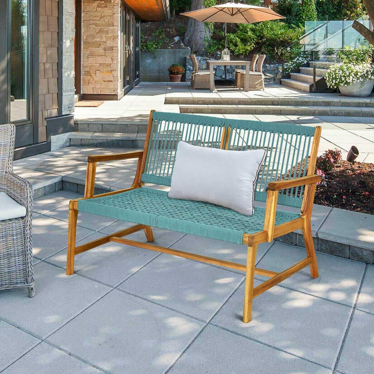 2-Person Acacia Wood Yard Bench for Balcony and Patio, Turquoise Outdoor Benches   at Gallery Canada