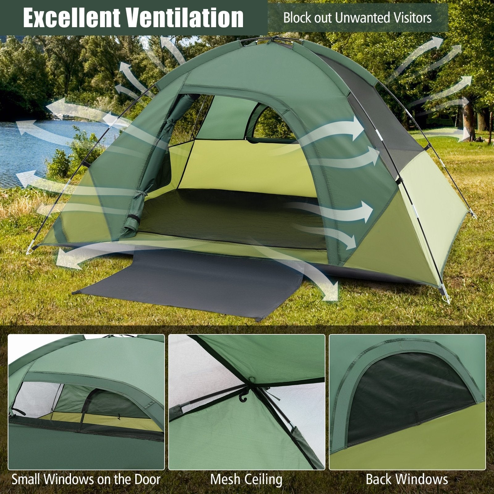 2-person Camping Tent w/ Removable Rain Fly and Double-layer Door, Green Tents   at Gallery Canada