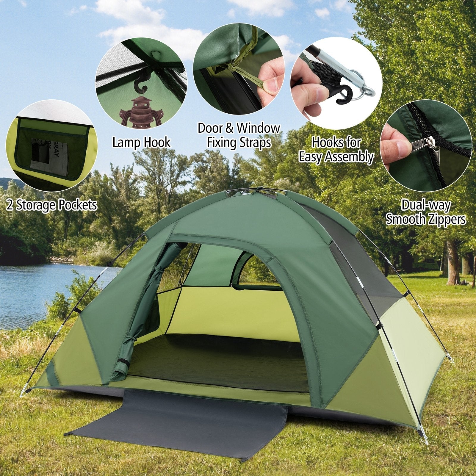 2-person Camping Tent w/ Removable Rain Fly and Double-layer Door, Green Tents   at Gallery Canada